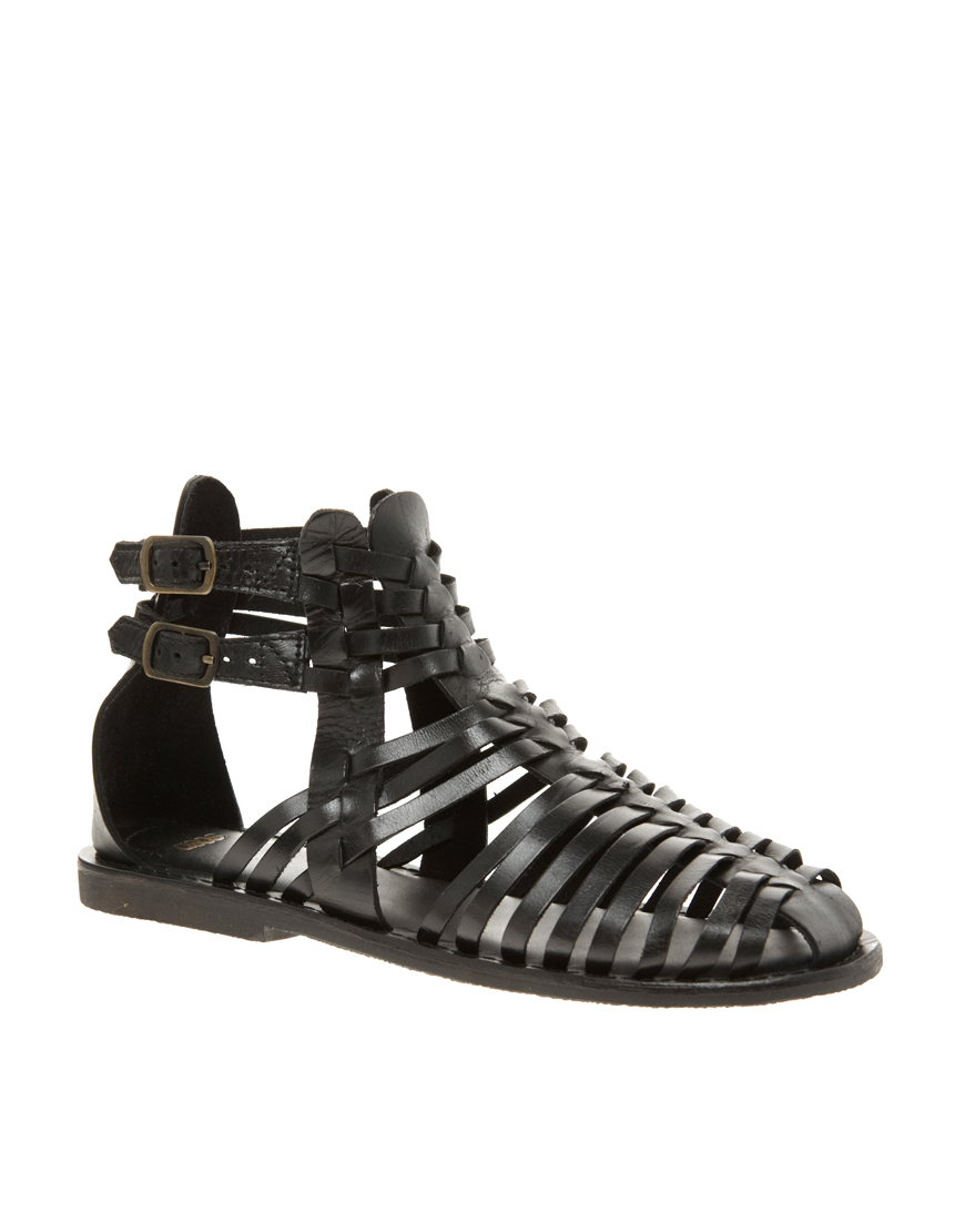 Asos Asos Fiction Leather Gladiator Flat Sandals in Black | Lyst