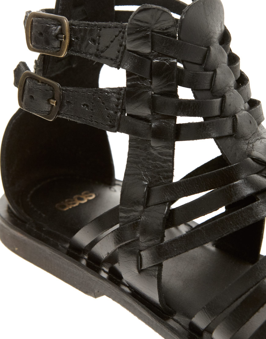 asos design gladiator sandals in black leather with chunky sole