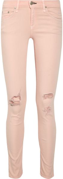 Rag & Bone The Skinny Peach Distressed Lowrise Twill Jeans in Pink | Lyst