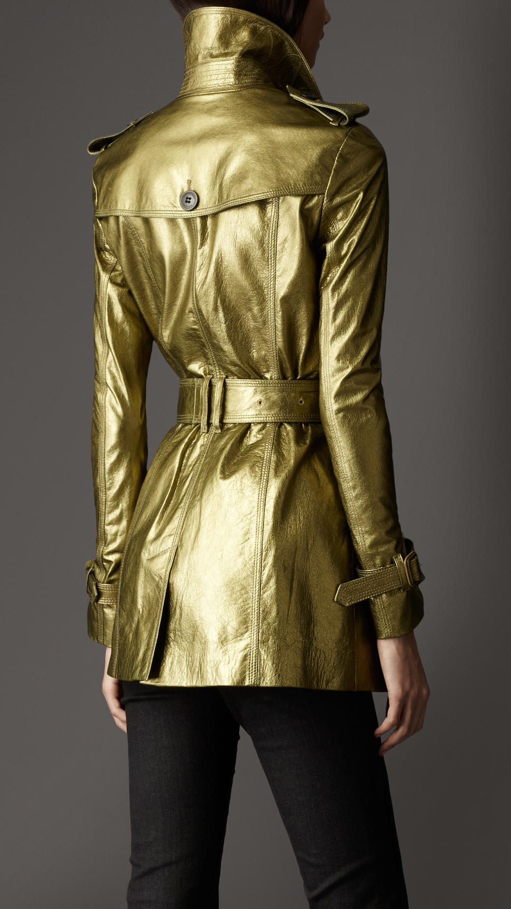Burberry Short Metallic Leather Trench Coat in Green Lyst