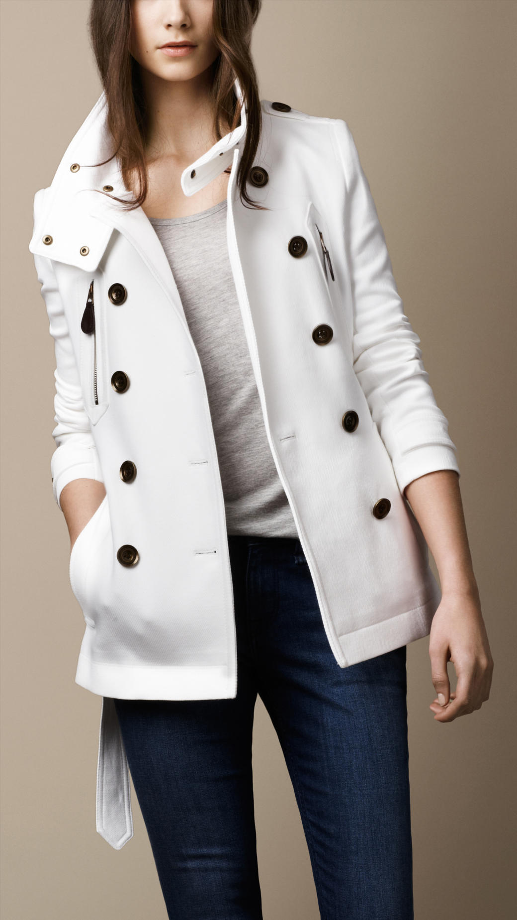 Burberry brit Short Funnel Collar Trench Coat in White | Lyst