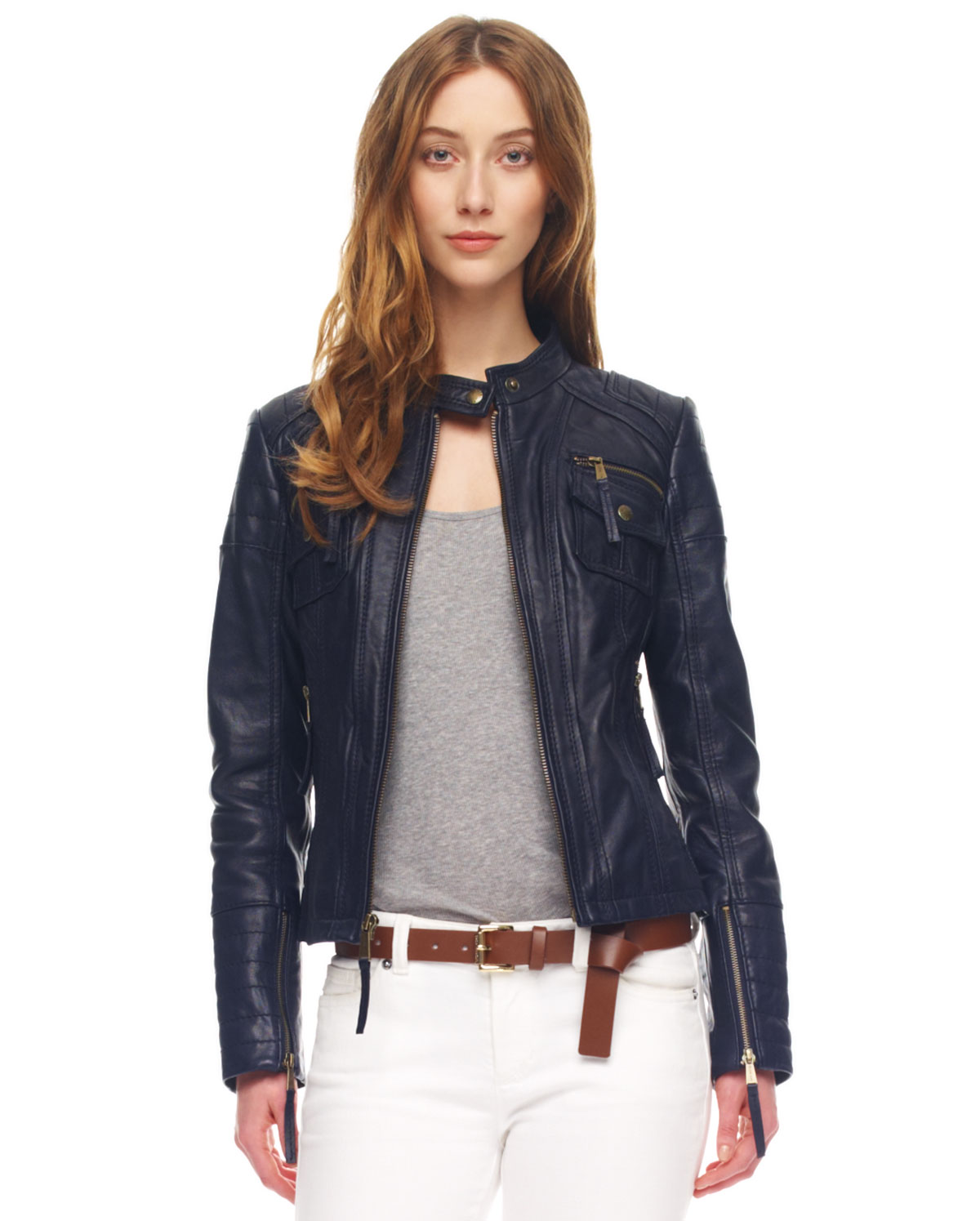 Michael Kors Leather Motorcycle Jacket in Blue | Lyst