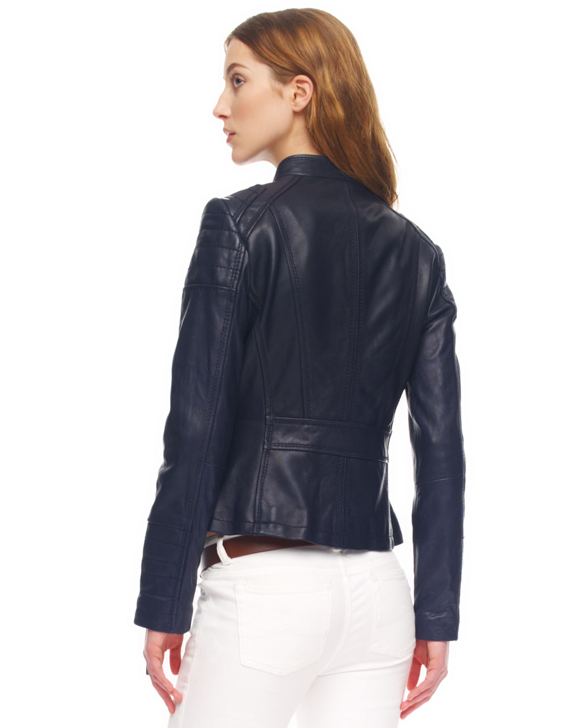 Michael Kors Leather Motorcycle Jacket in Navy (Blue) - Lyst