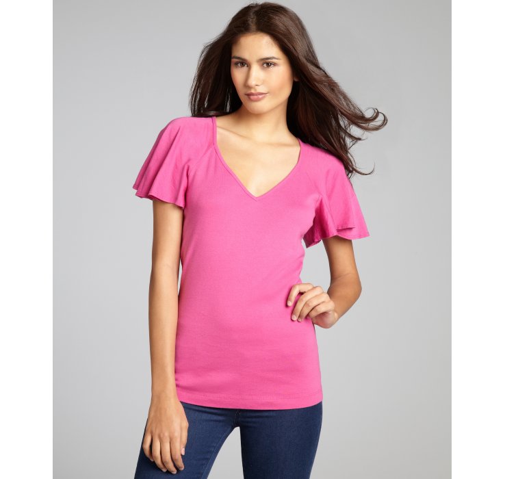 lyst three dots pink cotton jersey flutter sleeve lyst three dots pink cotton jersey flutter sleeve
