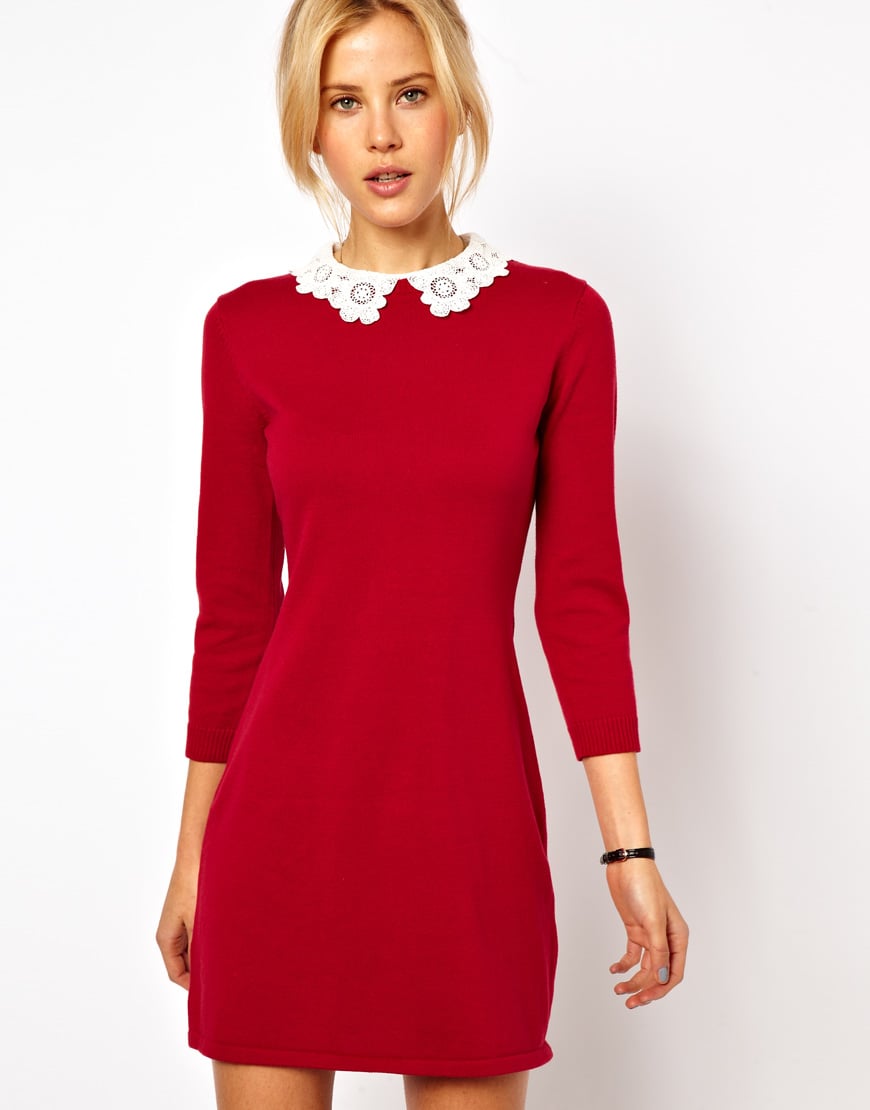 Lyst Asos Knit Dress  with Lace Collar  in Red