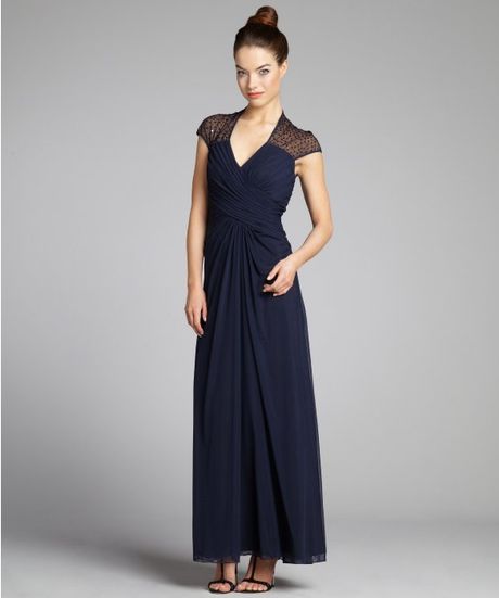 Tadashi Shoji Navy Jersey Knit Sequin Embellished Sheer Overlaid Gown ...