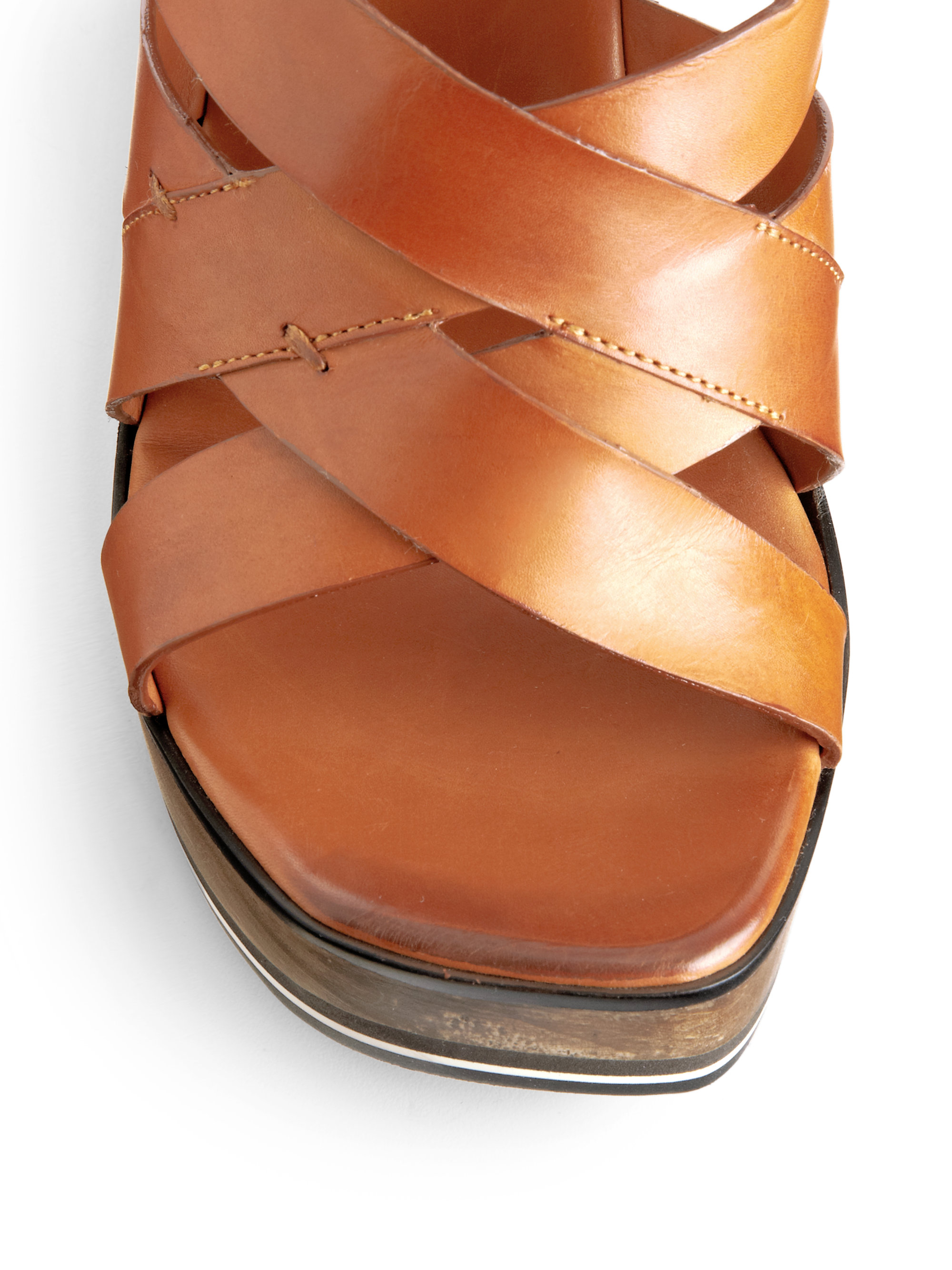 CoSTUME NATIONAL Criss-cross Leather Wedge Sandals in Tobacco Brown (Brown) - Lyst
