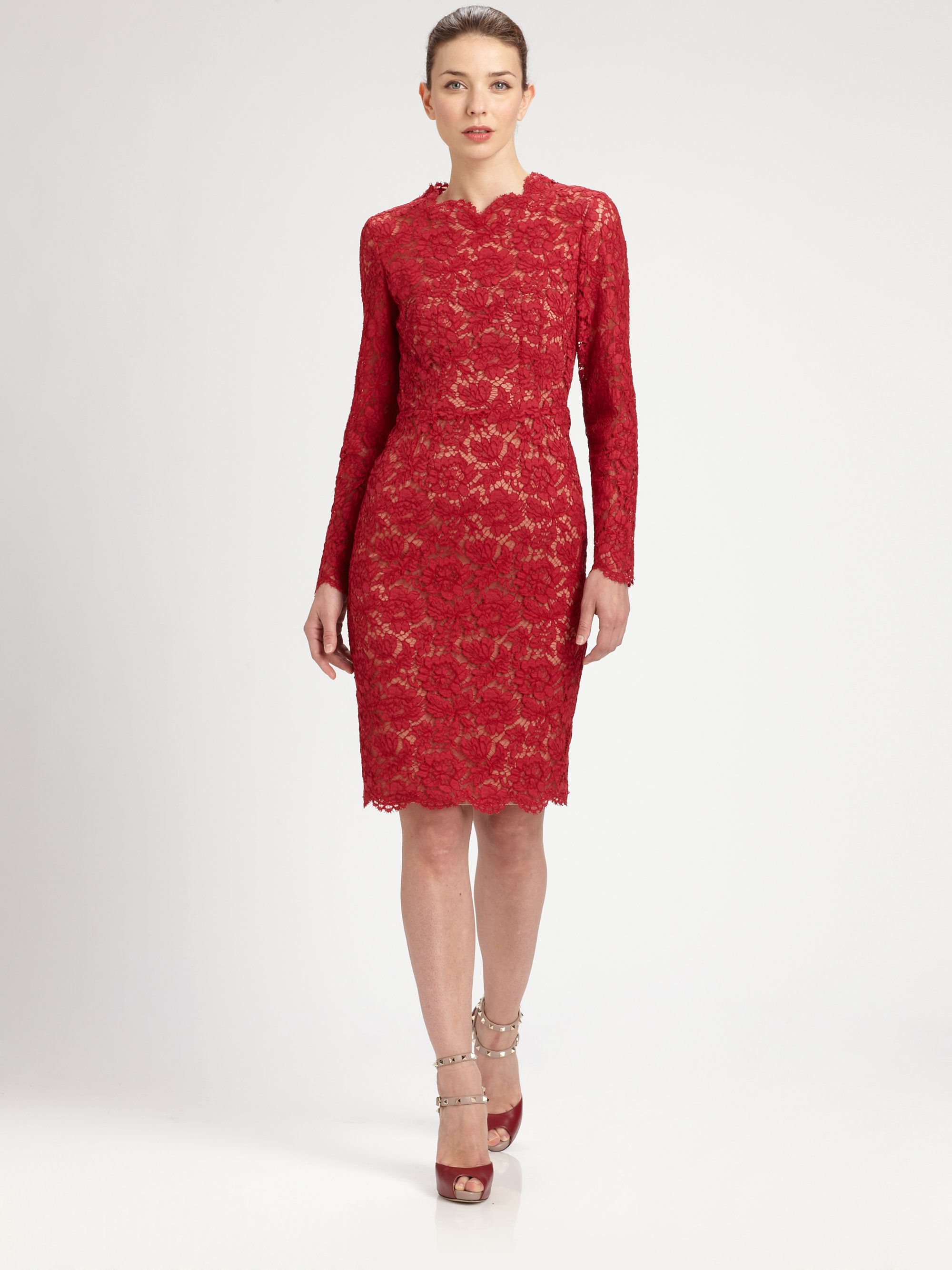 Valentino Long-sleeved Lace Dress in Red - Lyst