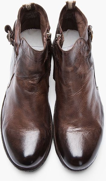 Officine Creative Dark Brown Polished Leather Ankle Strap Boots in ...