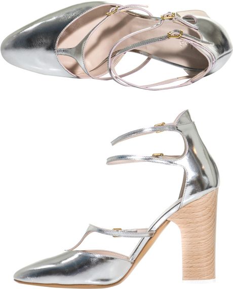 Chloé Metallic Leather Block Heel Shoes in Silver | Lyst