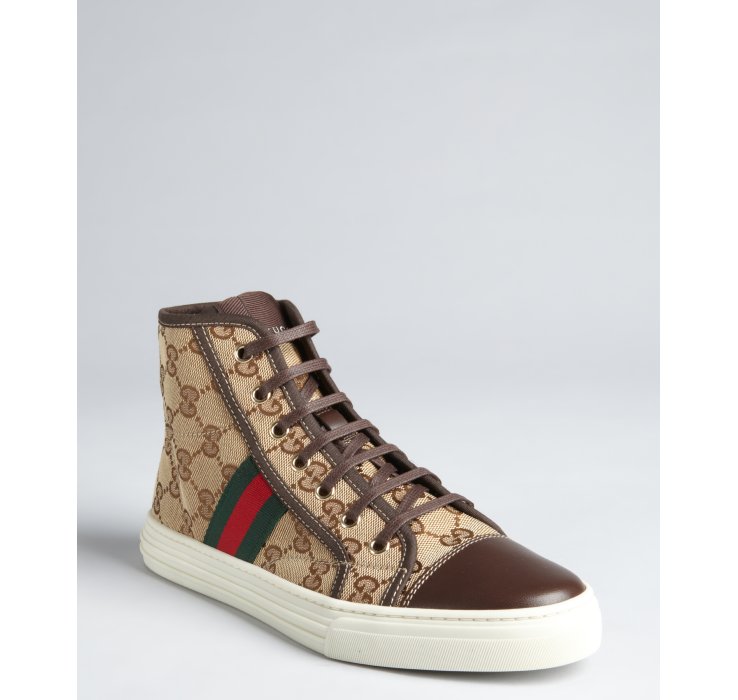 Lyst Gucci Beige Gg Canvas Web Stripe High Top Sneakers