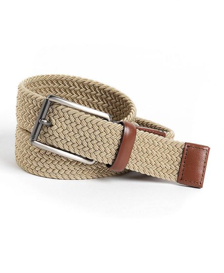 Perry Ellis Woven Leather-Trim Belt in Khaki for Men | Lyst
