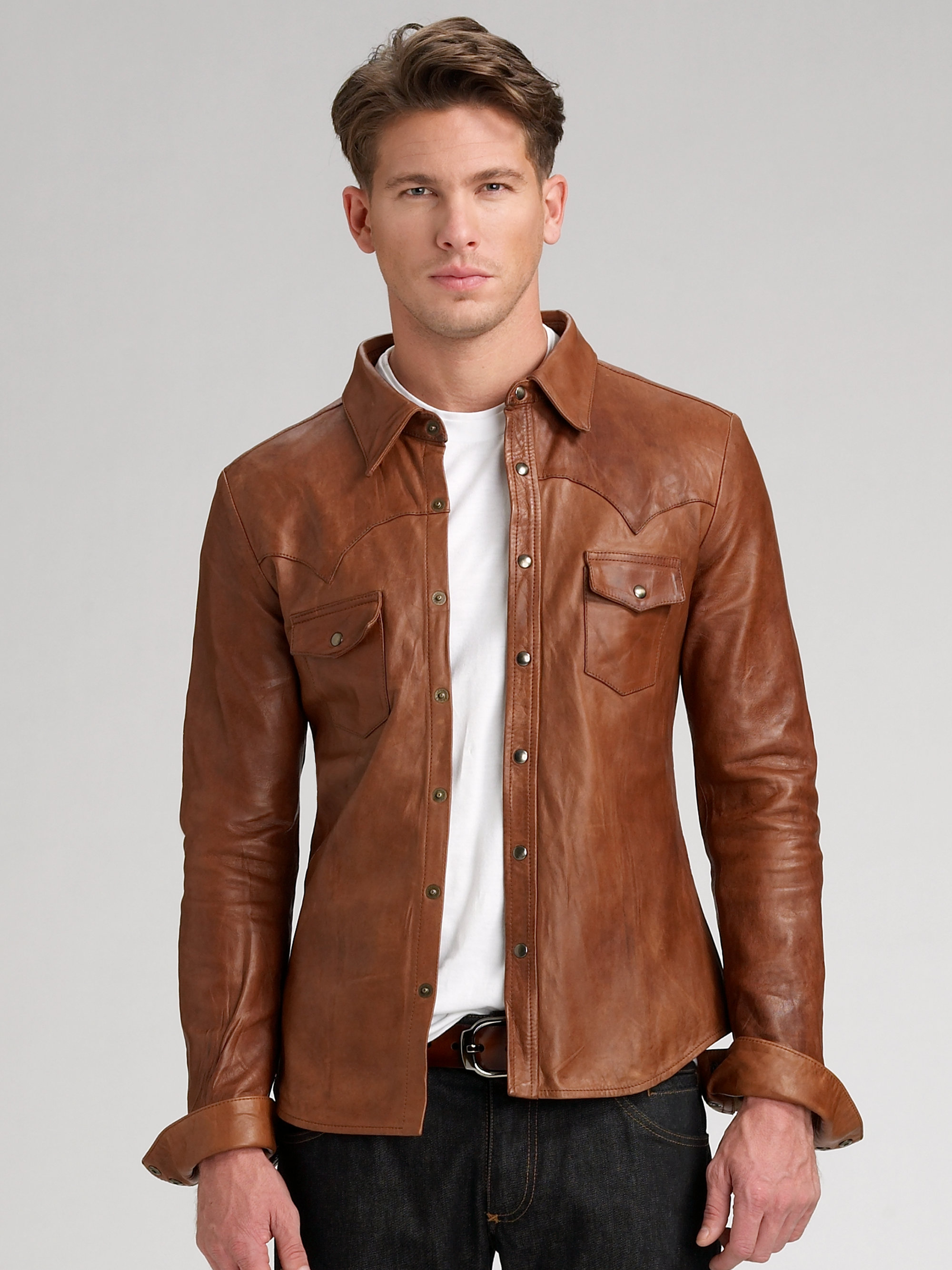 Dolce & Gabbana Leather Shirt in Brown for Men - Lyst