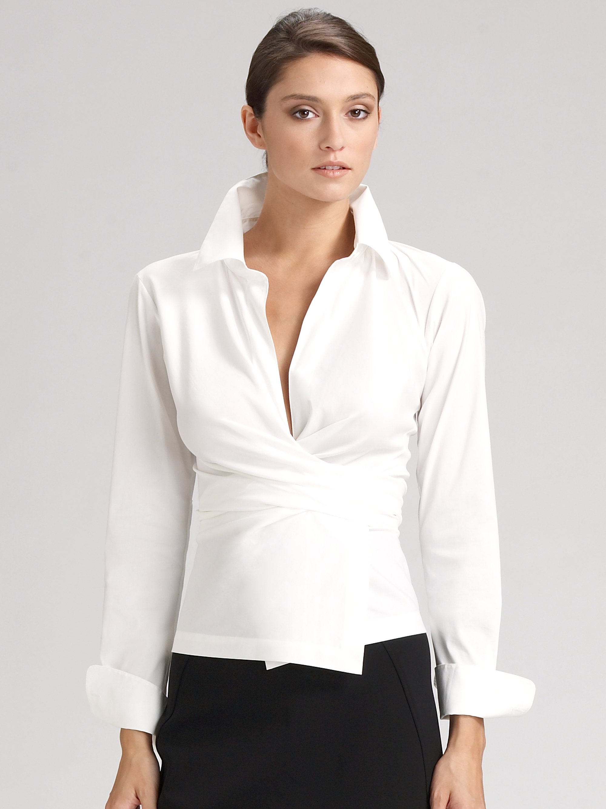 Donna Karan Stretch Cotton Wrap Shirt in White | Lyst