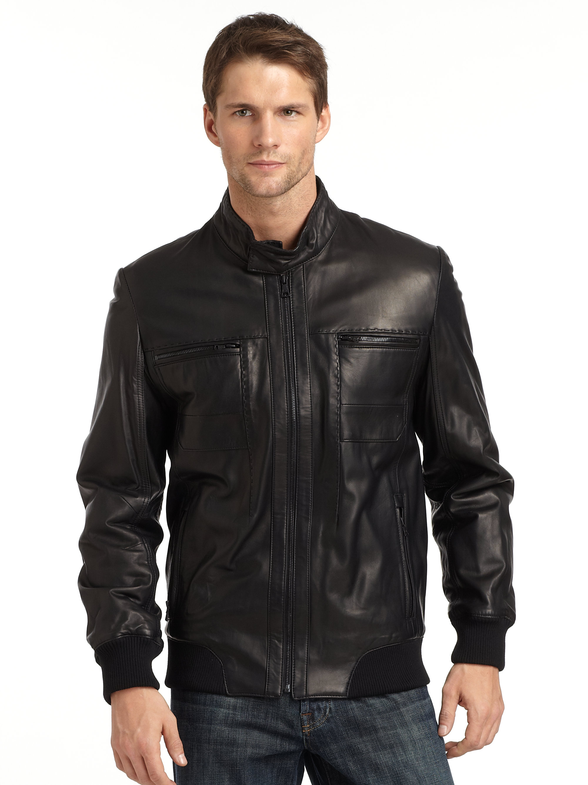 Lyst Elie Tahari Lambskin Leather Jacket With Knit Trim In Black Gallery
