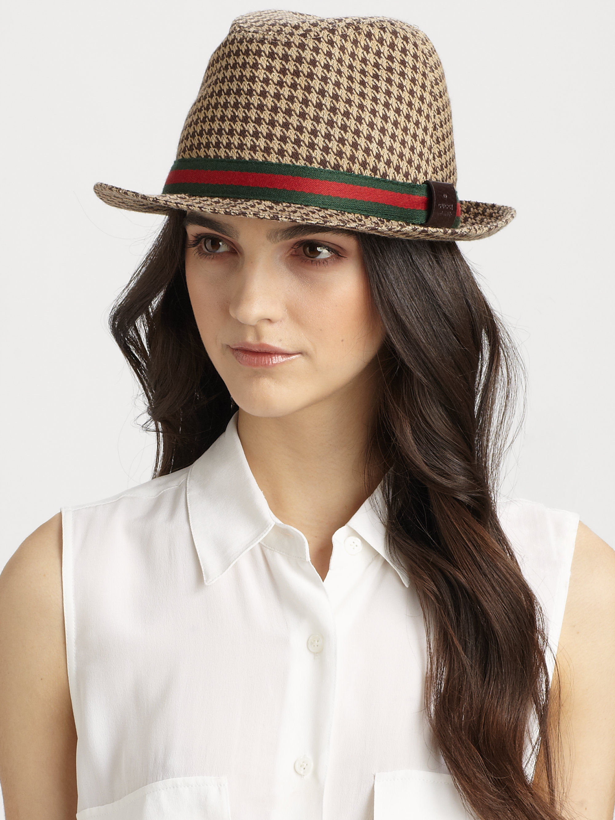 Gucci Houndstooth Fedora in Brown - Lyst