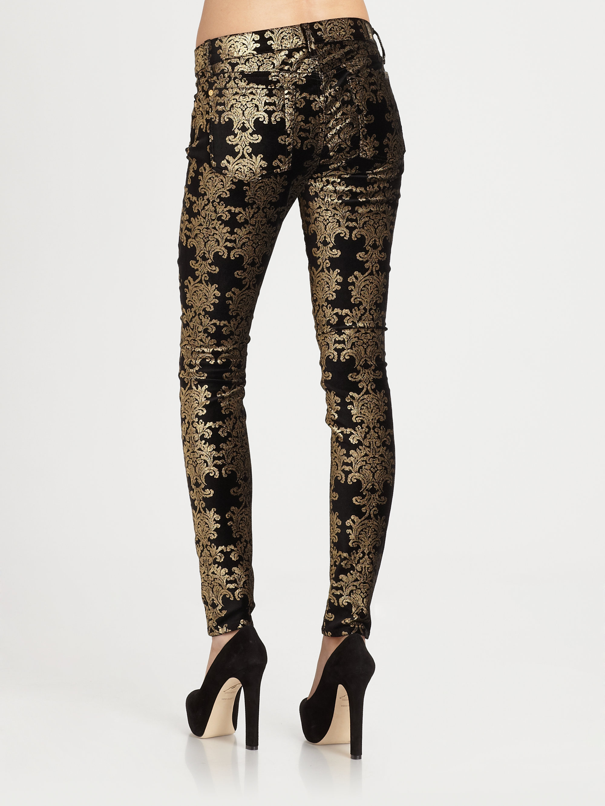 Skinny Velvet Brocade Pants in Black 