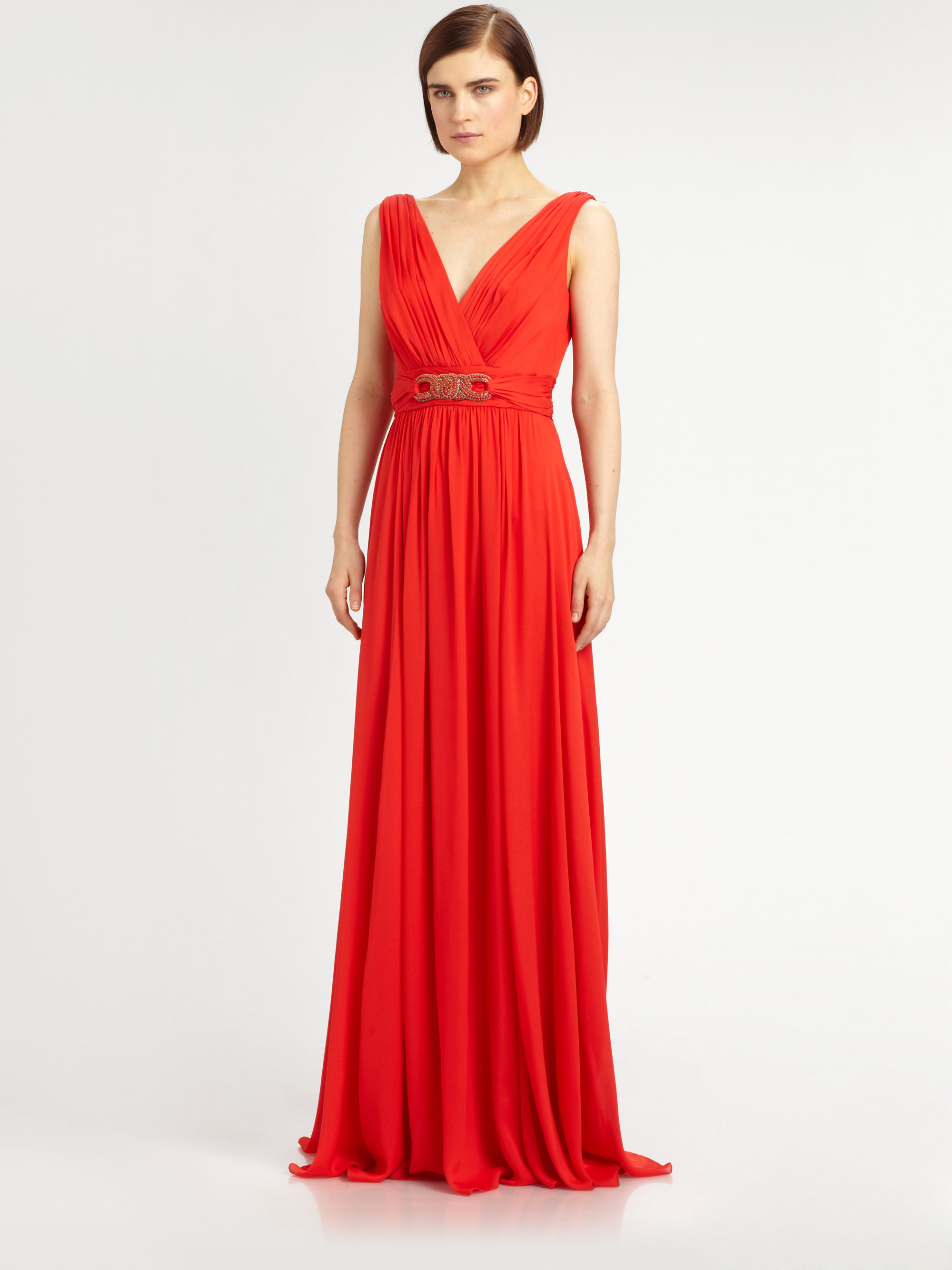 Badgley mischka Silk Beaded Belt Gown in Red (tangerine) | Lyst