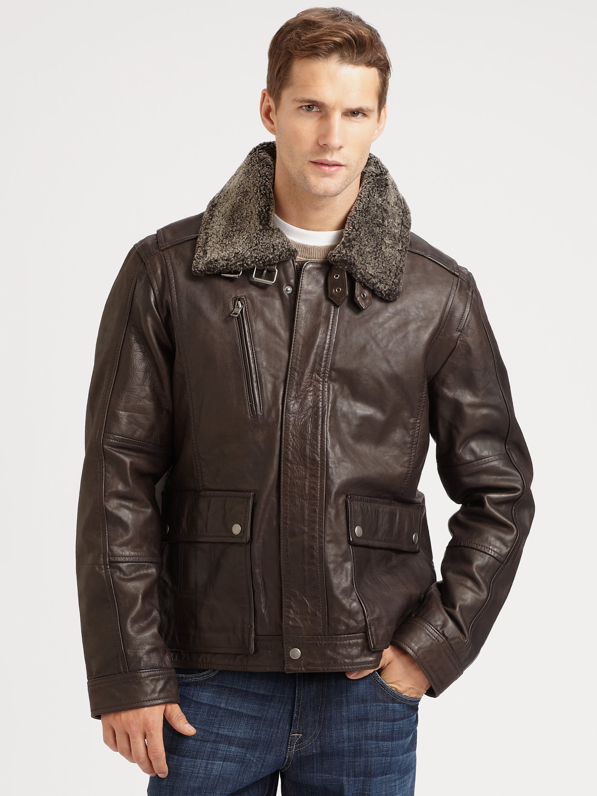 Cole Haan Tumbled Leather Bomber Jacket in Dark Brown (Brown) for Men ...