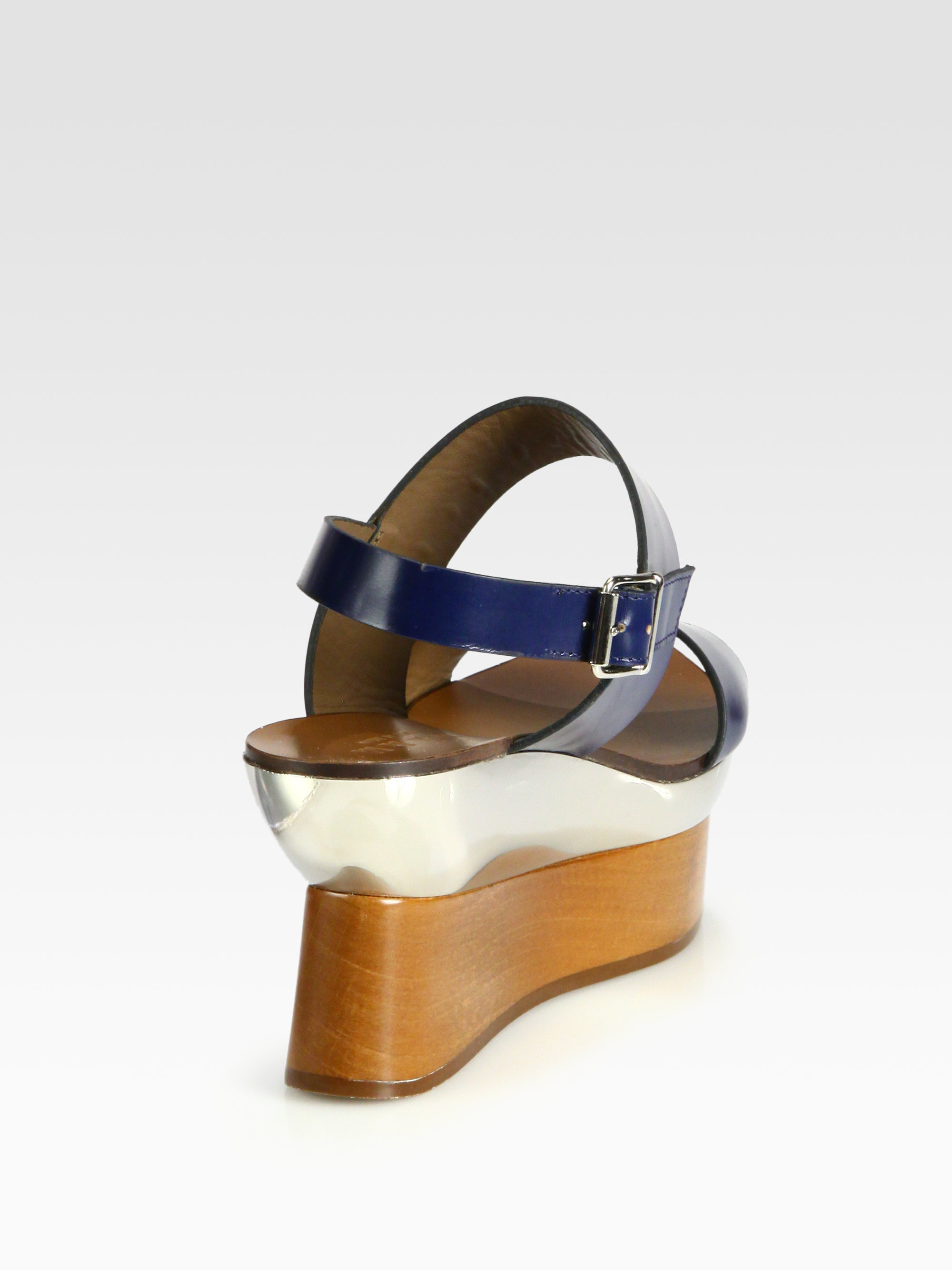 Marni Leather Wooden Platform Wedge Sandals in Navy (Blue) - Lyst