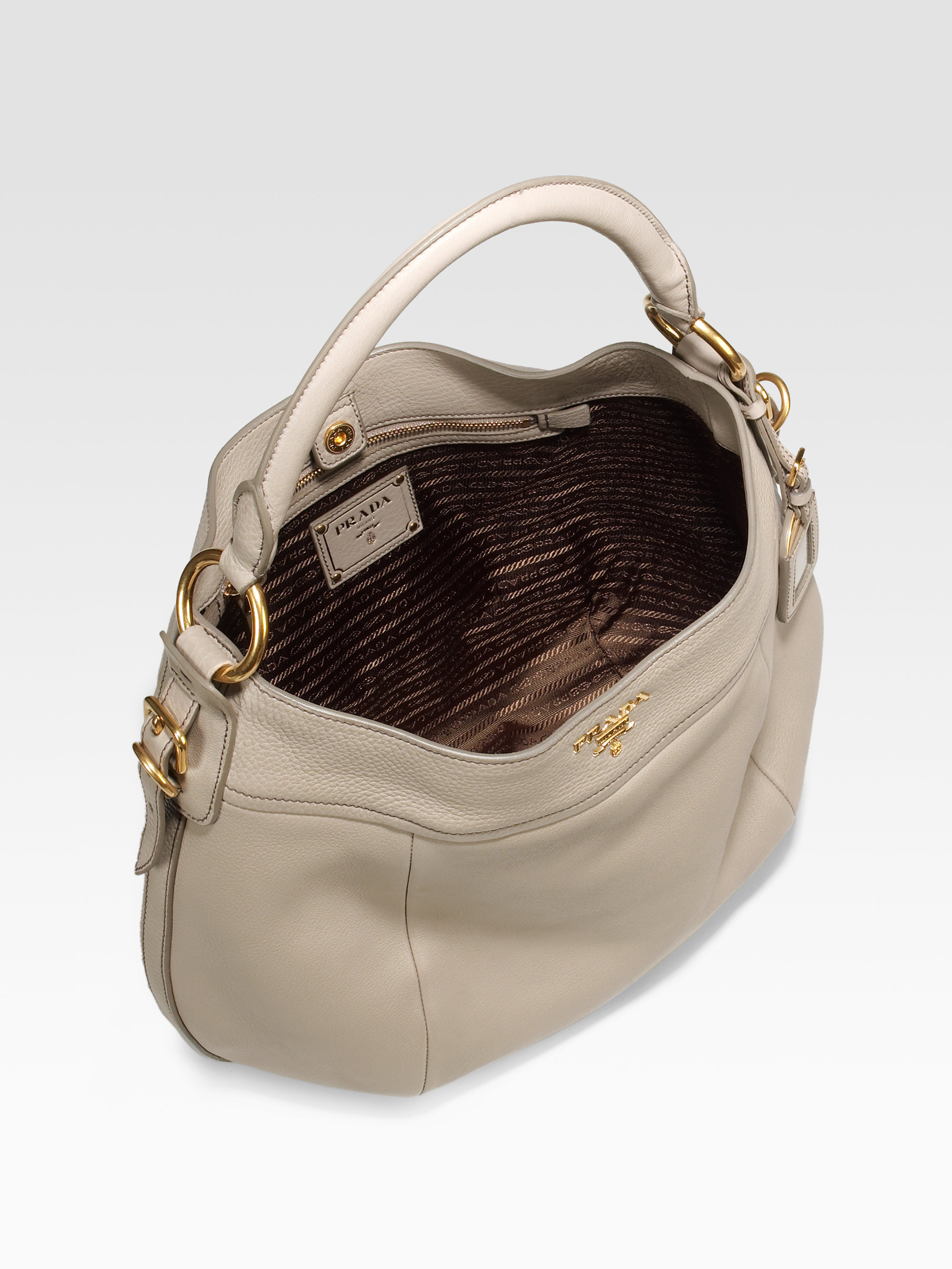 Prada Vitello Daino Leather Hobo in Gray (black) | Lyst