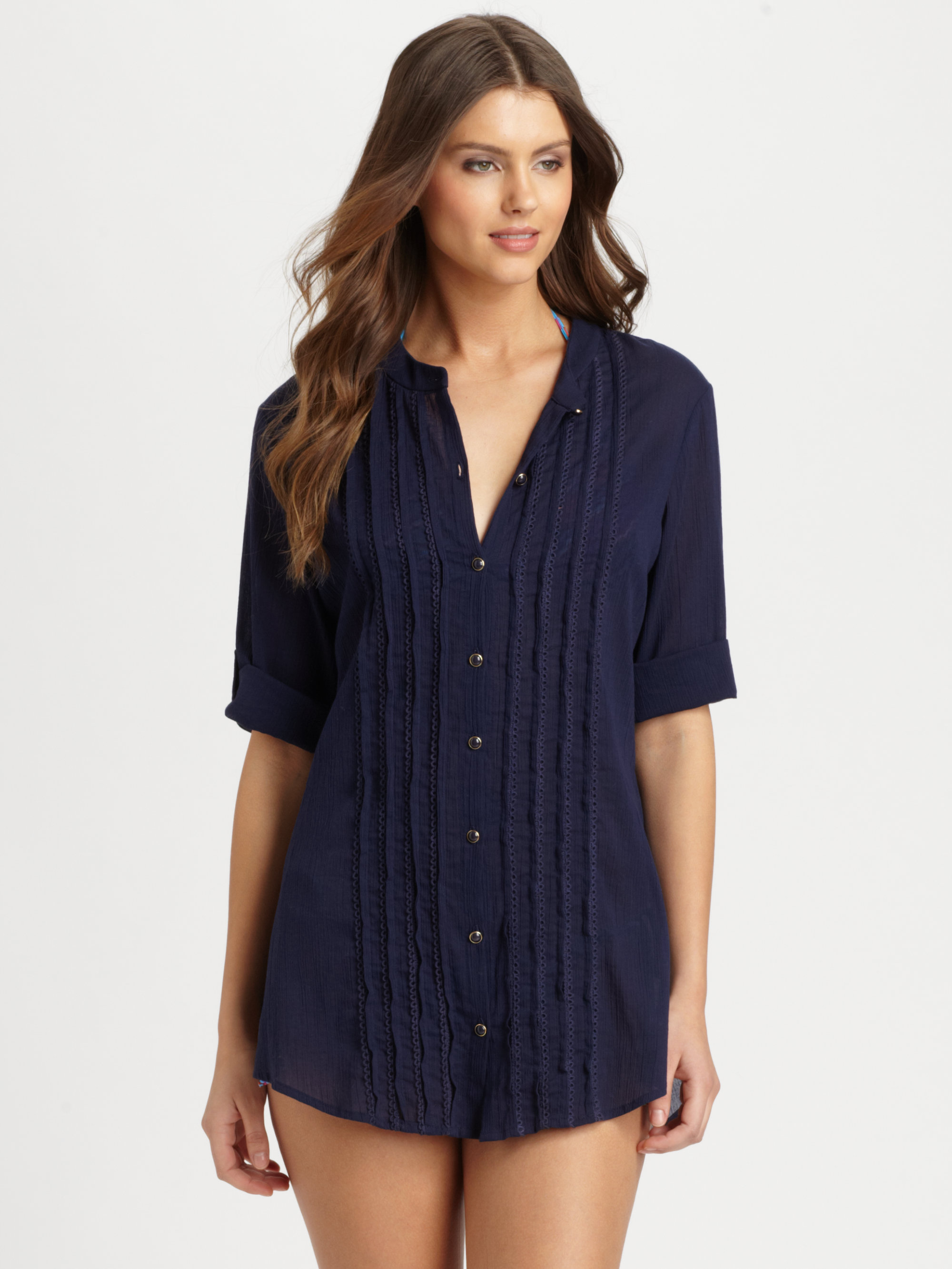 Shoshanna Crinkle Cotton Buttondown Shirt in Blue - Lyst
