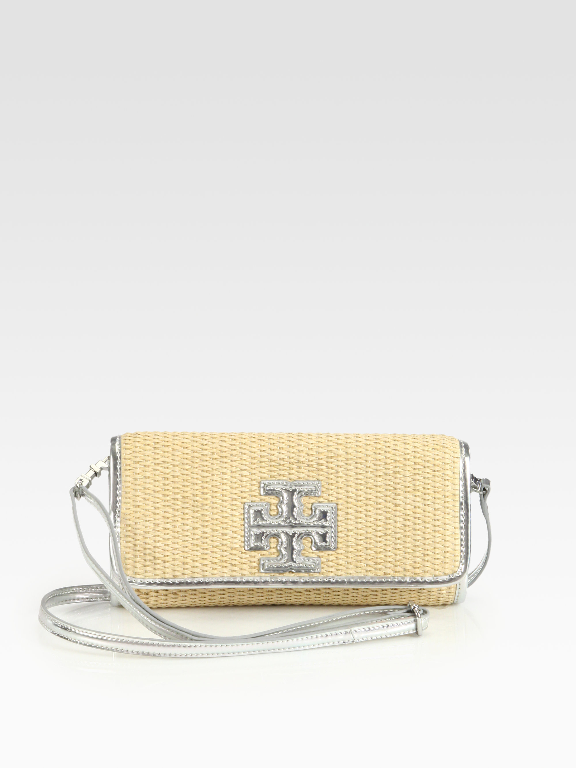 Tory Burch Stacked T Straw Clutch in Natural Silver (Metallic) Lyst