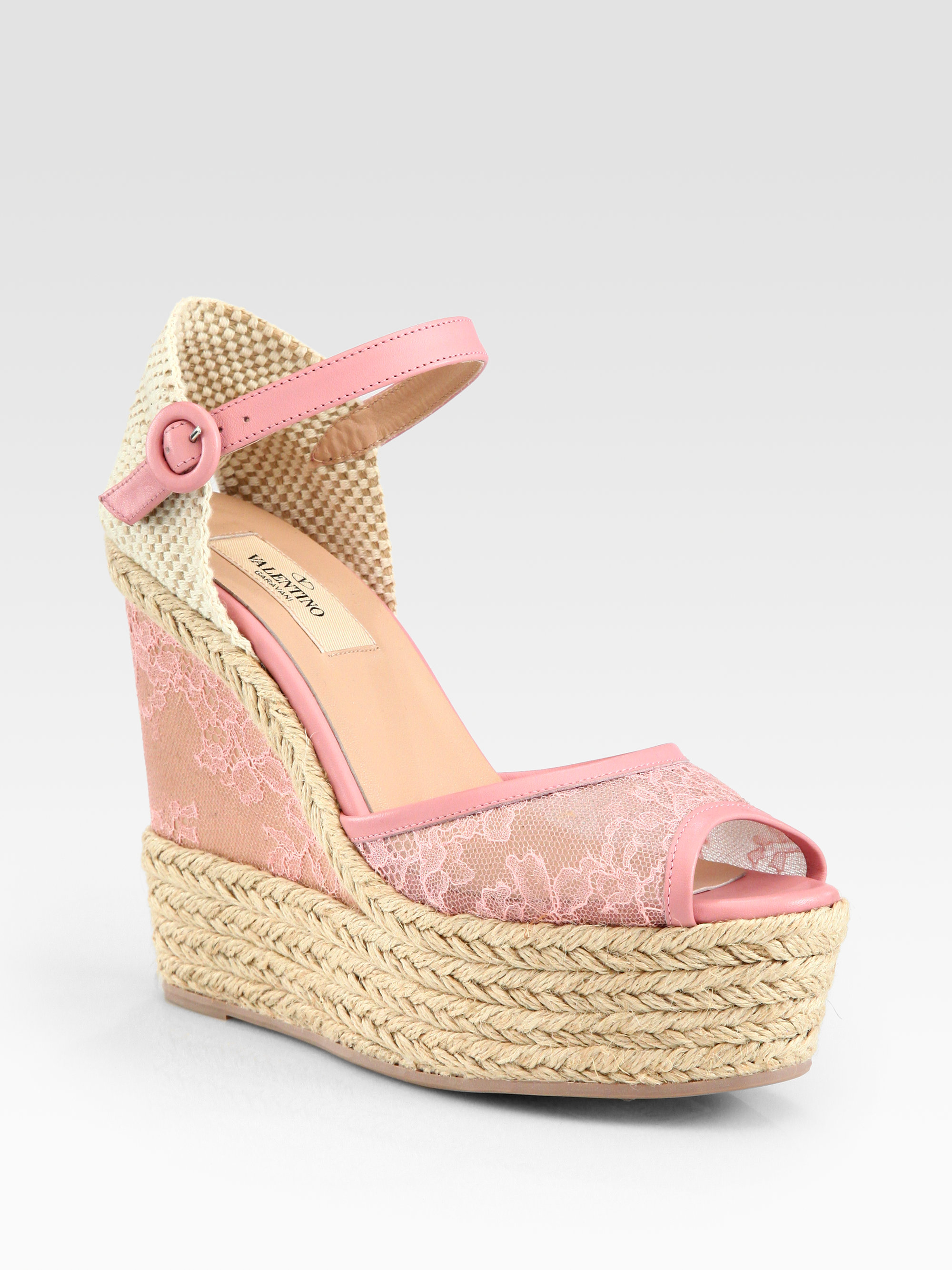 Lyst - Valentino Glamorous Lace Leather Espadrille Wedge Sandals in Pink