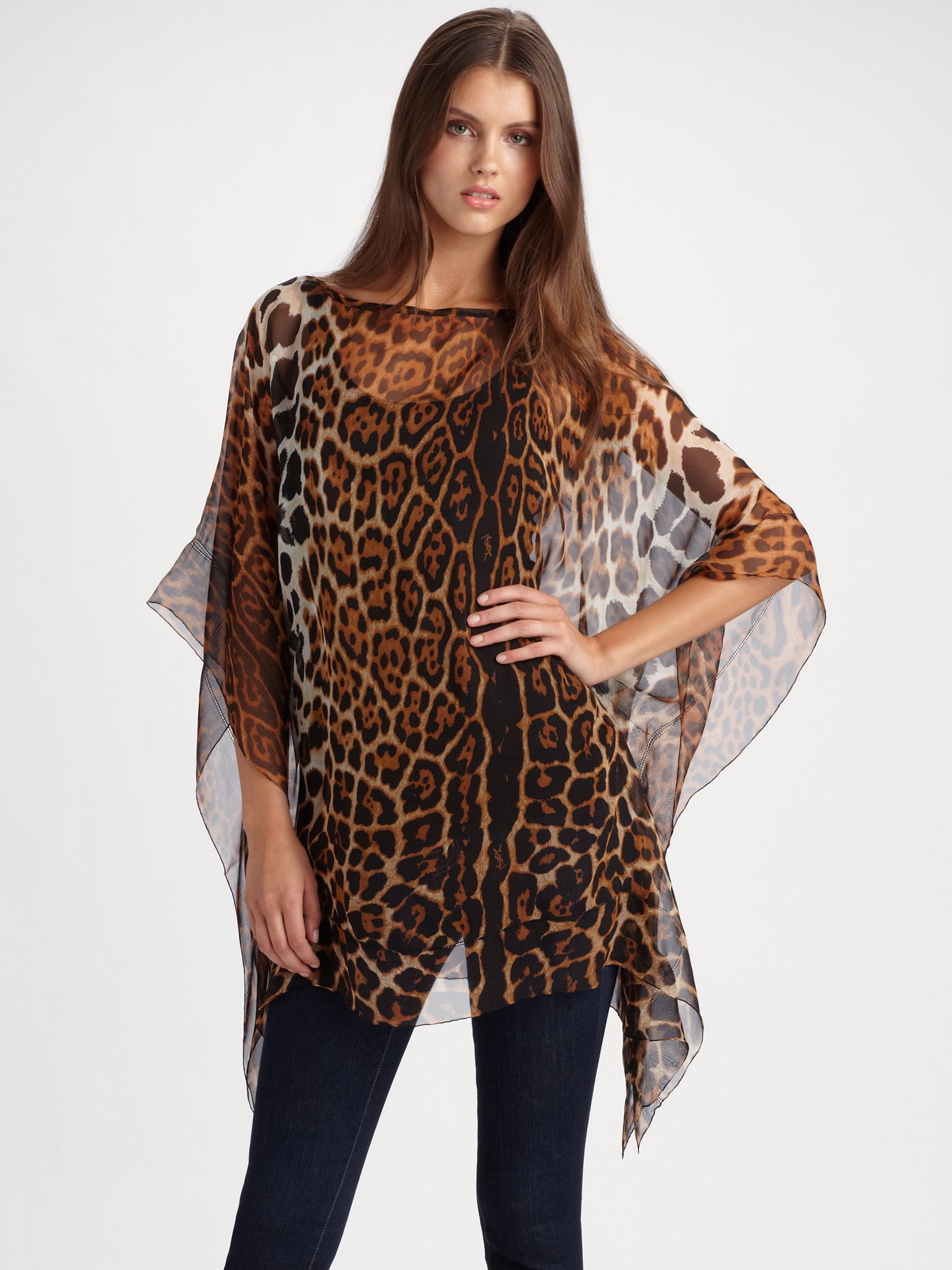 Saint Laurent Silk Leopard Print Poncho in Natural Lyst
