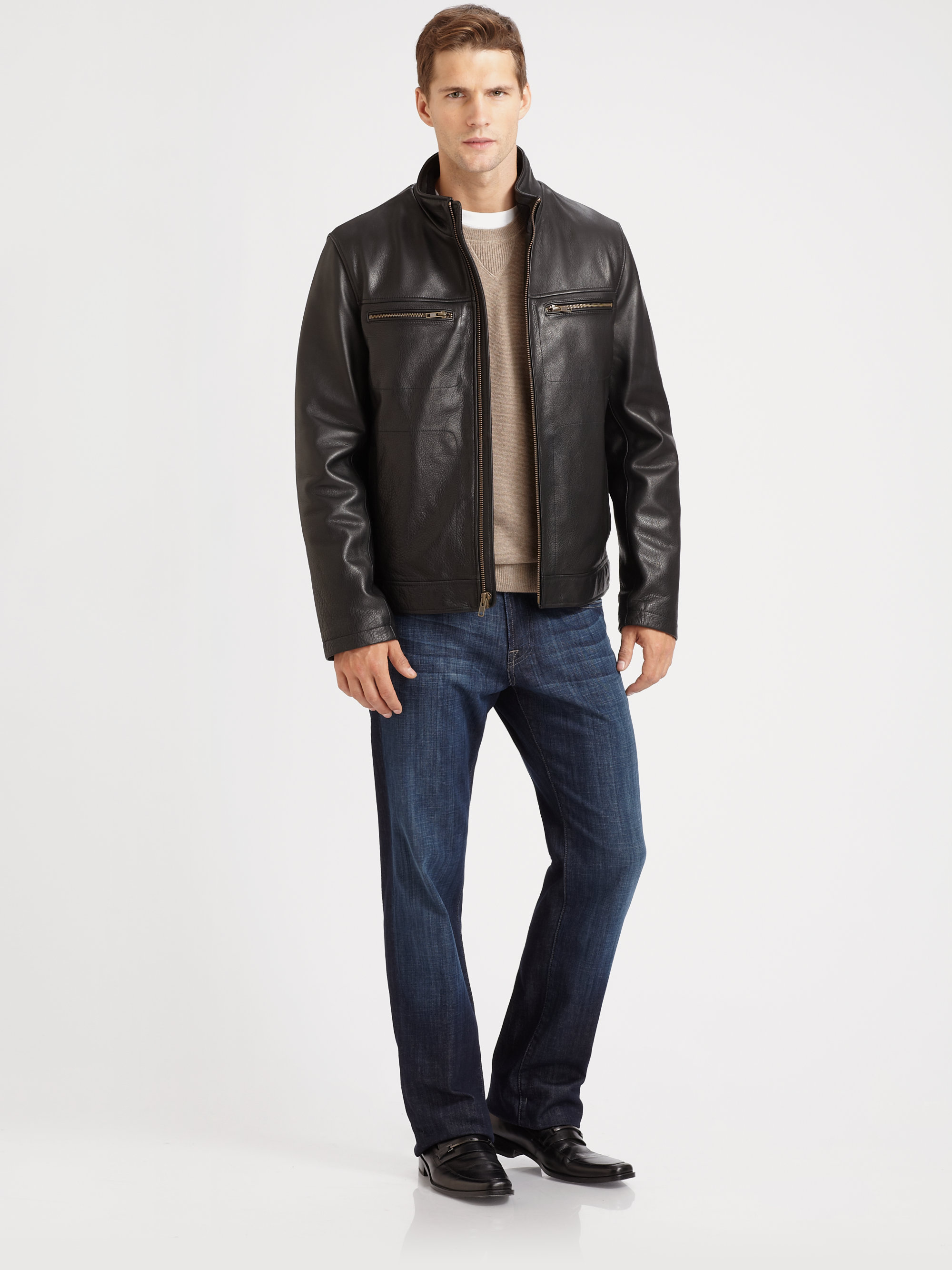 Cole Haan Black Grainy Leather Moto Jacket For Men