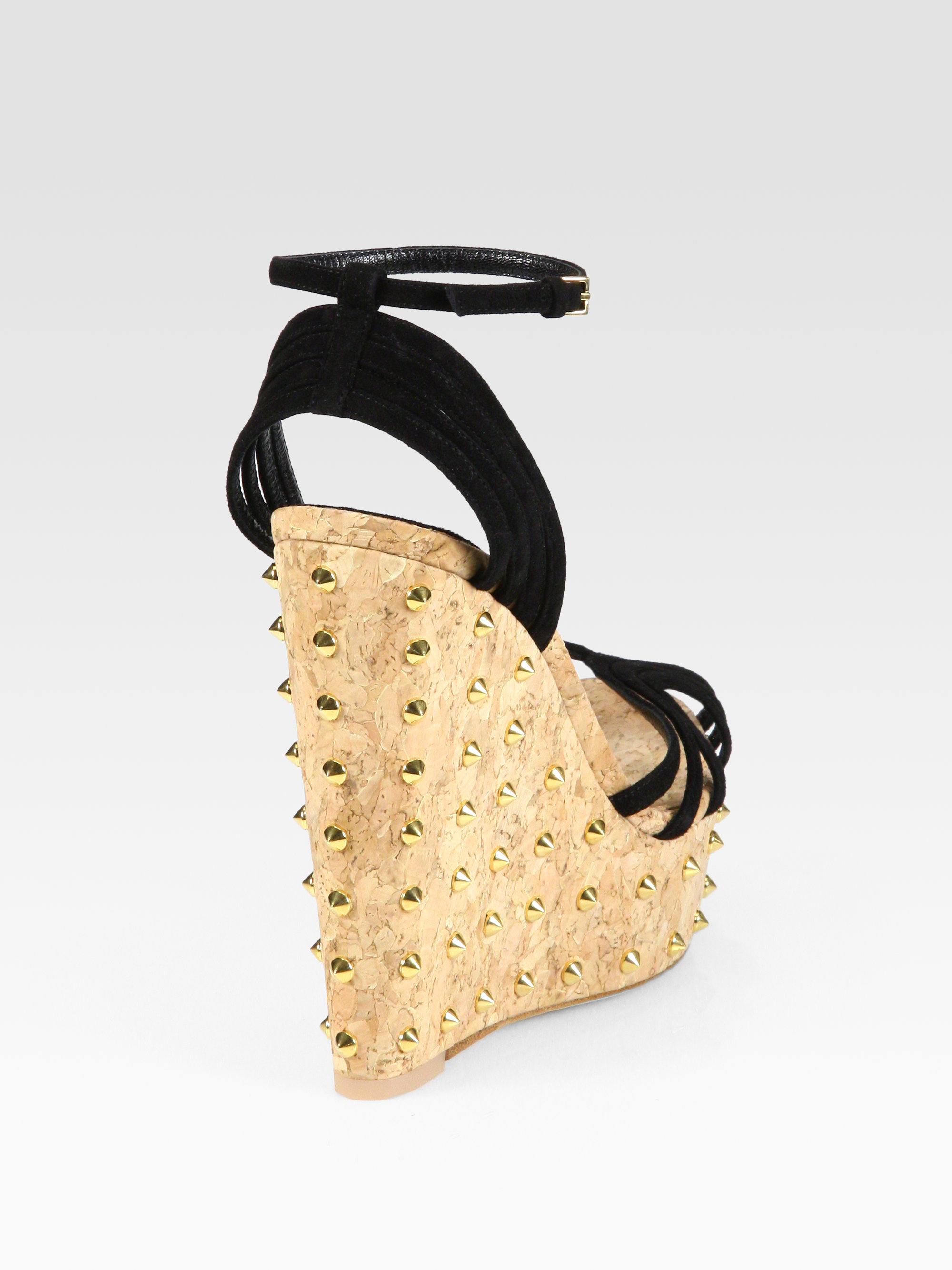Gucci Suede Studded Cork Wedge Sandals in Black - Lyst