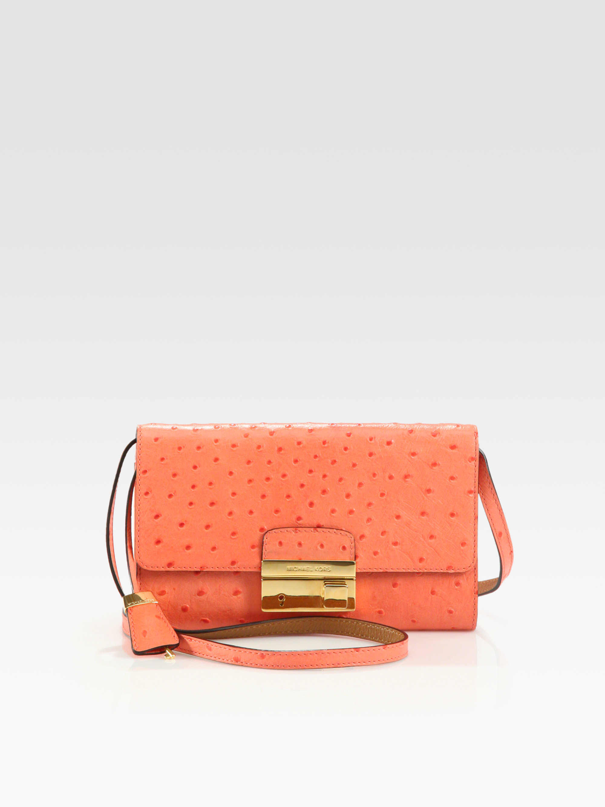 Michael Kors Gia Ostrich Stamped Leather Clutch In Orange Lyst Gia Ostrich Stamped Leather Clutch