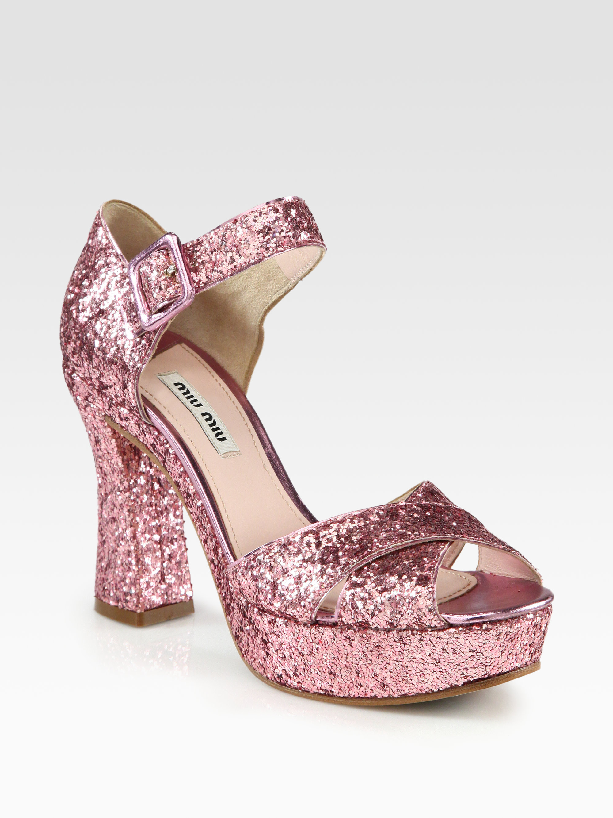 Miu Miu Glitter Crisscross Platform Sandals in Pink | Lyst