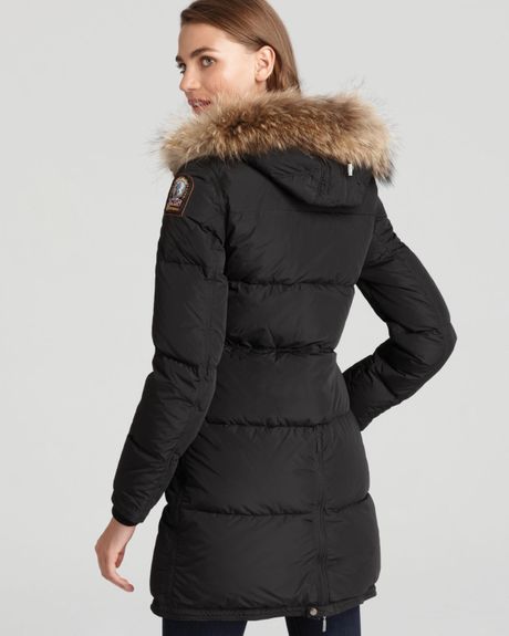 Parajumpers Long Bear Down Coat with Fur Hood in Black | Lyst