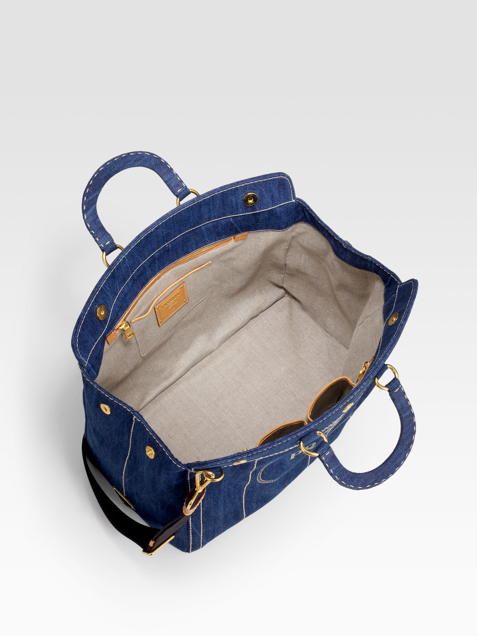 Prada Logo Denim Top Handle Bag in Blue Lyst