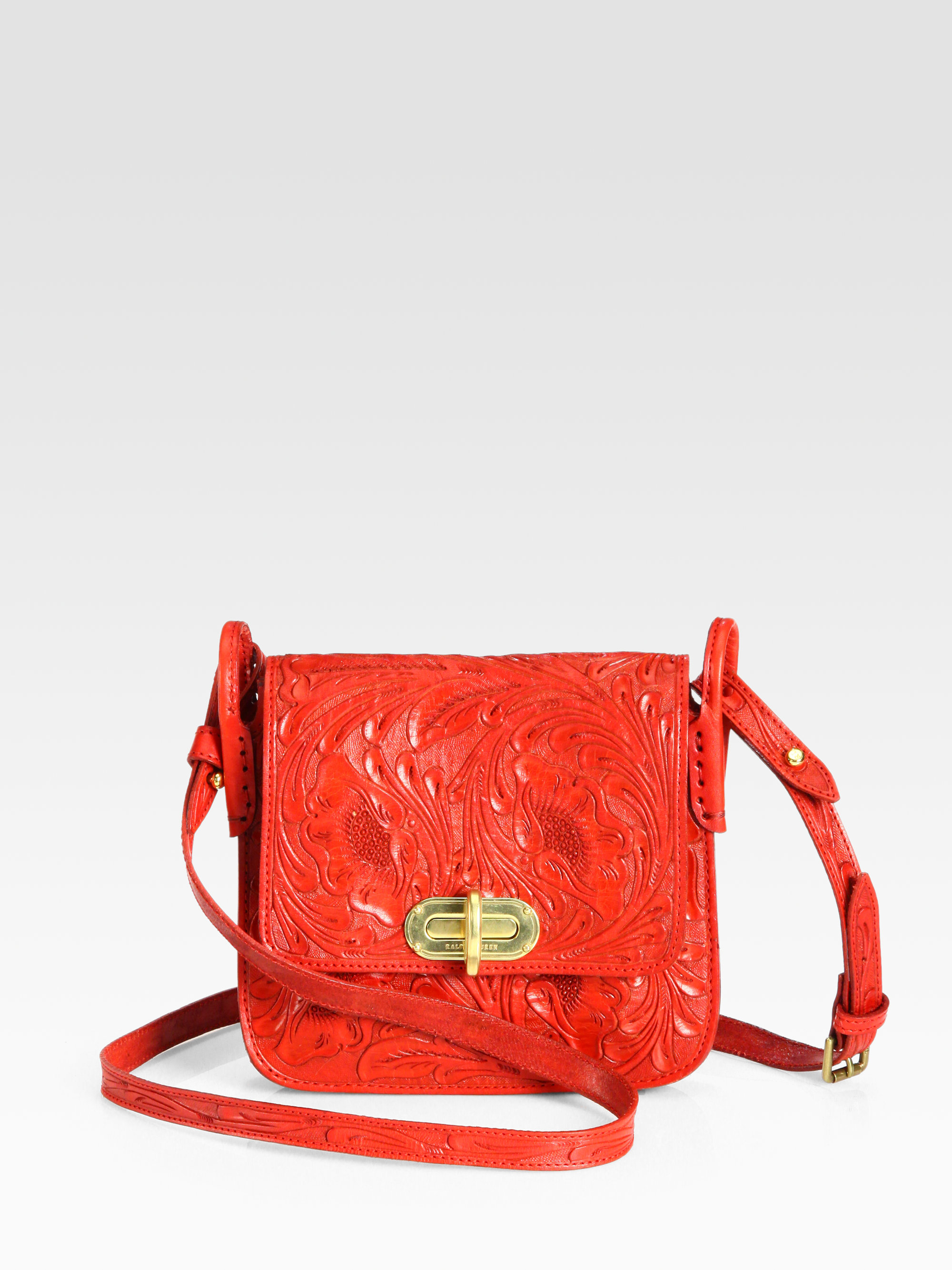 Lyst Ralph Lauren Collection Fl Tooled Crossbody Bag In Red Gallery