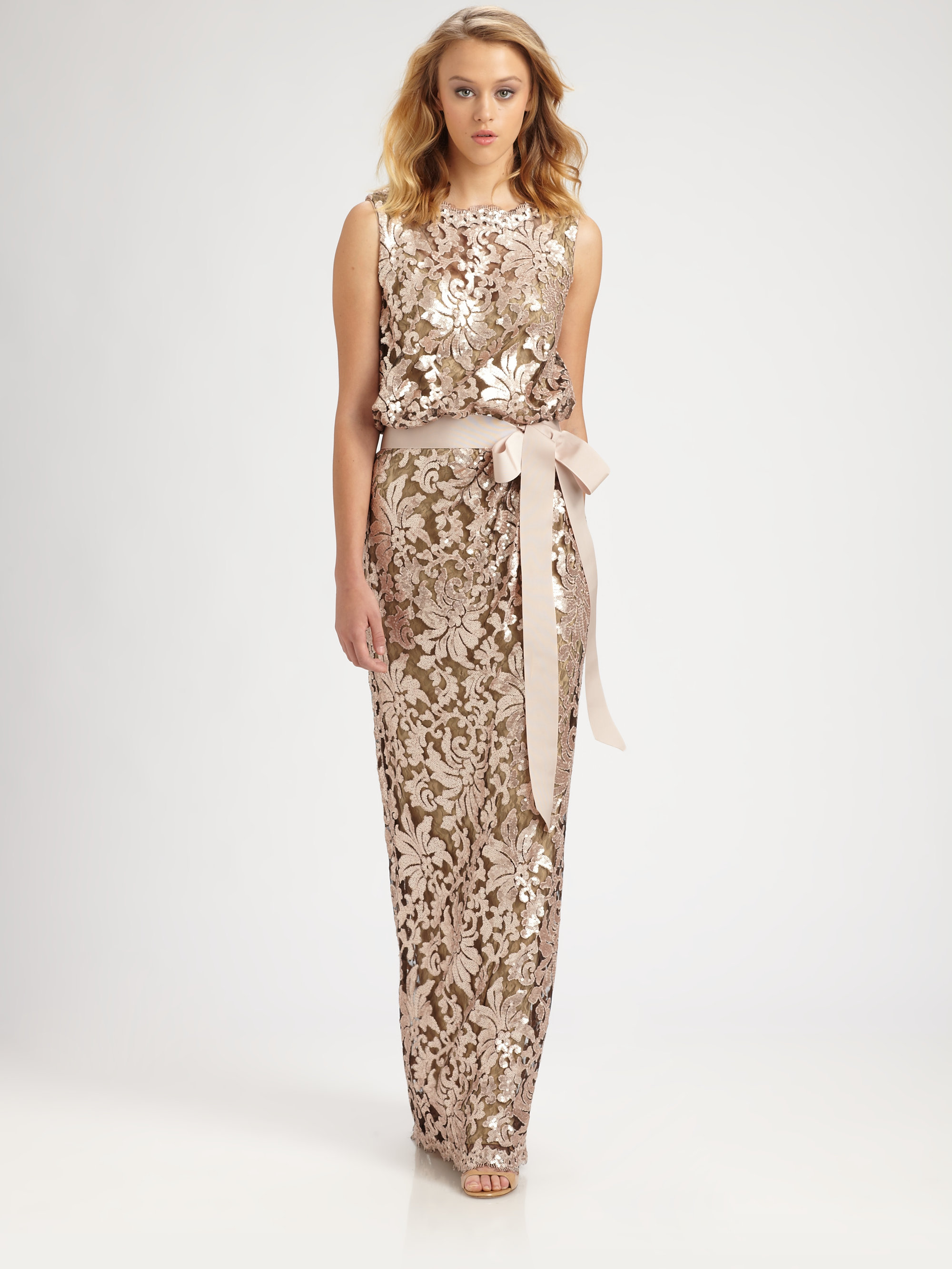 Lyst - Tadashi Shoji Sequined Lace Gown in Natural