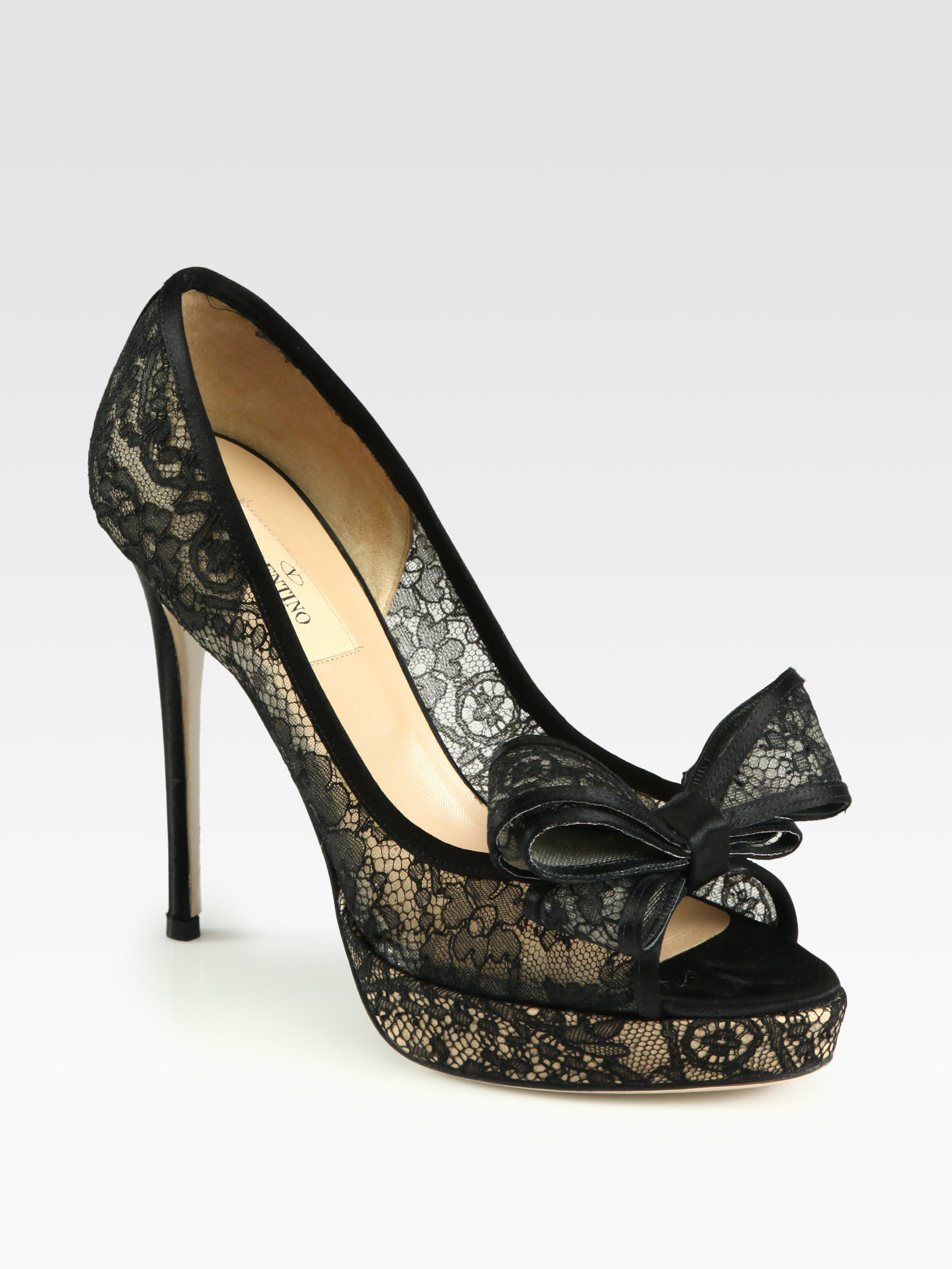Valentino Couture Lace Satin Bow Pumps in Black | Lyst