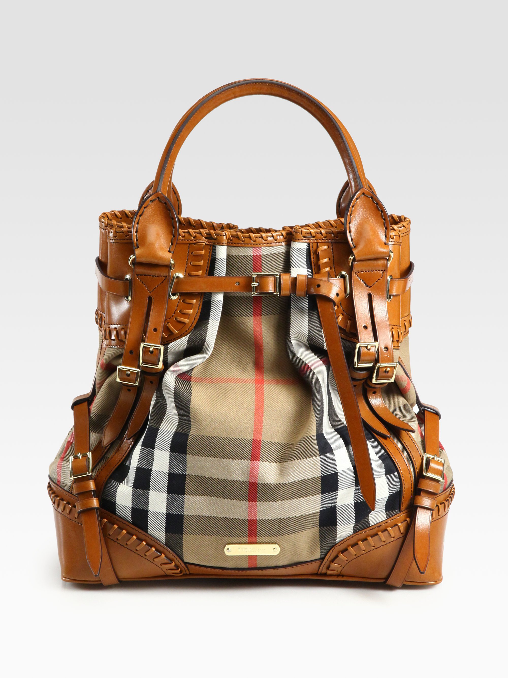 Burberry Prorsum Whipstitch Leather & Check Canvas Tote Bag in Brown - Lyst