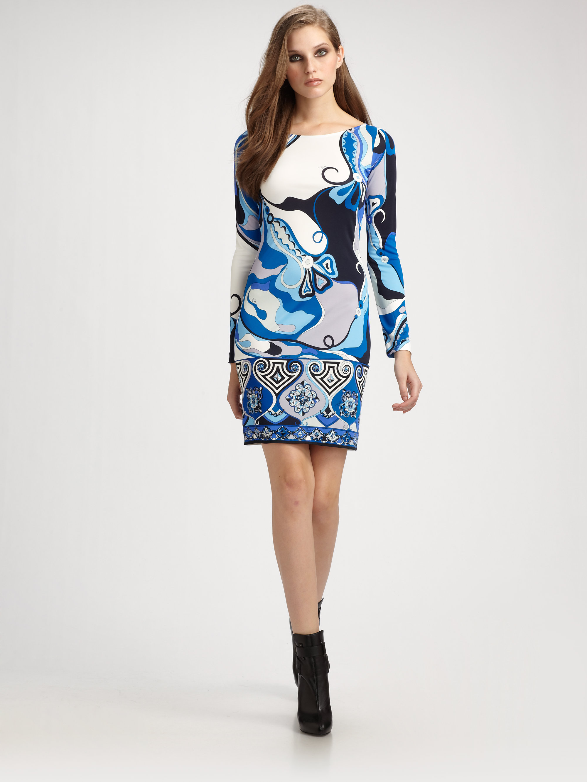 Lyst - Emilio Pucci Orchidee Print Boatneck Dress in Blue