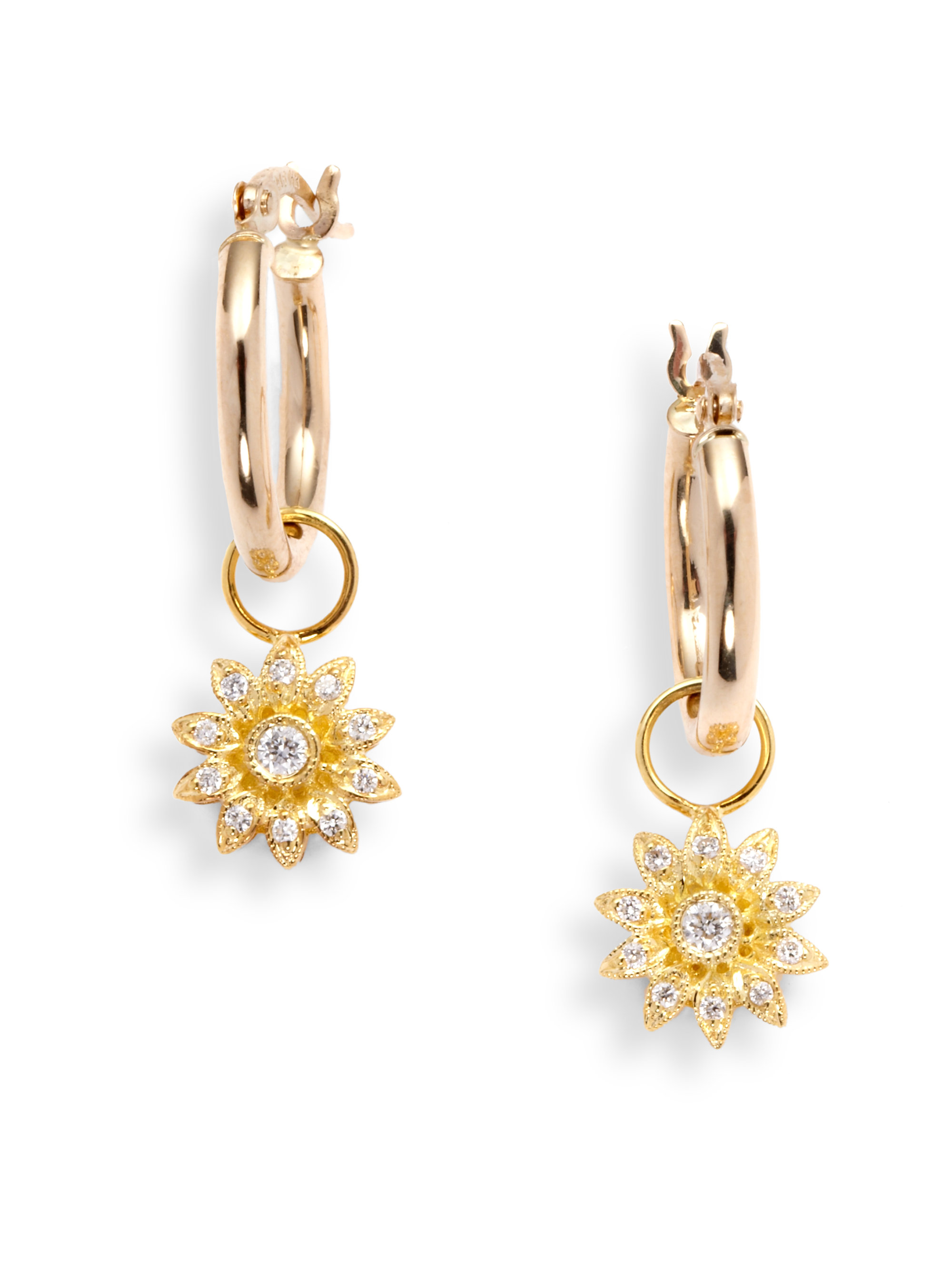 Lyst Kc Designs Diamond Flower Charm Hoop Earrings In Metallic Gallery