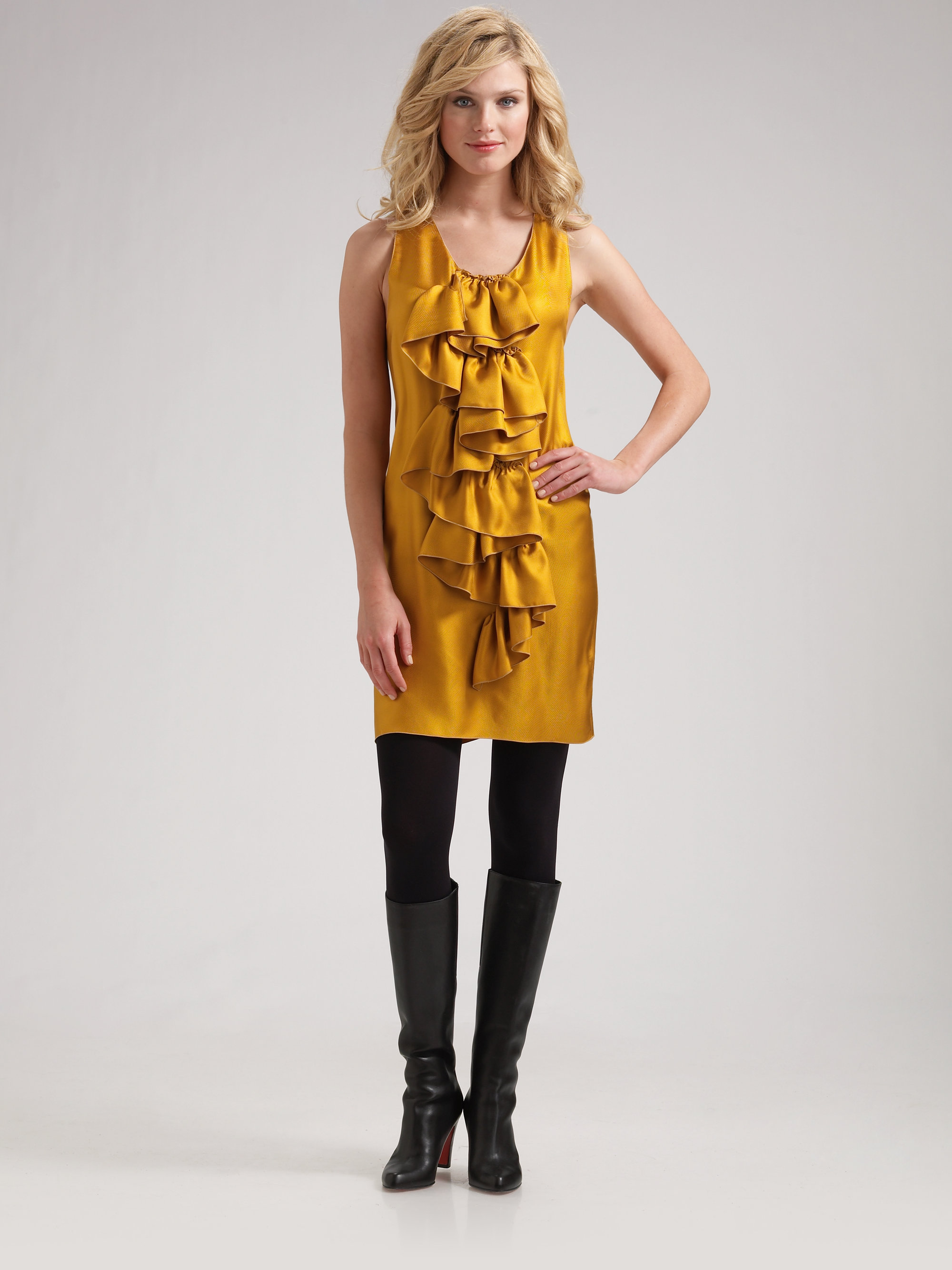 metallic ruffle dress