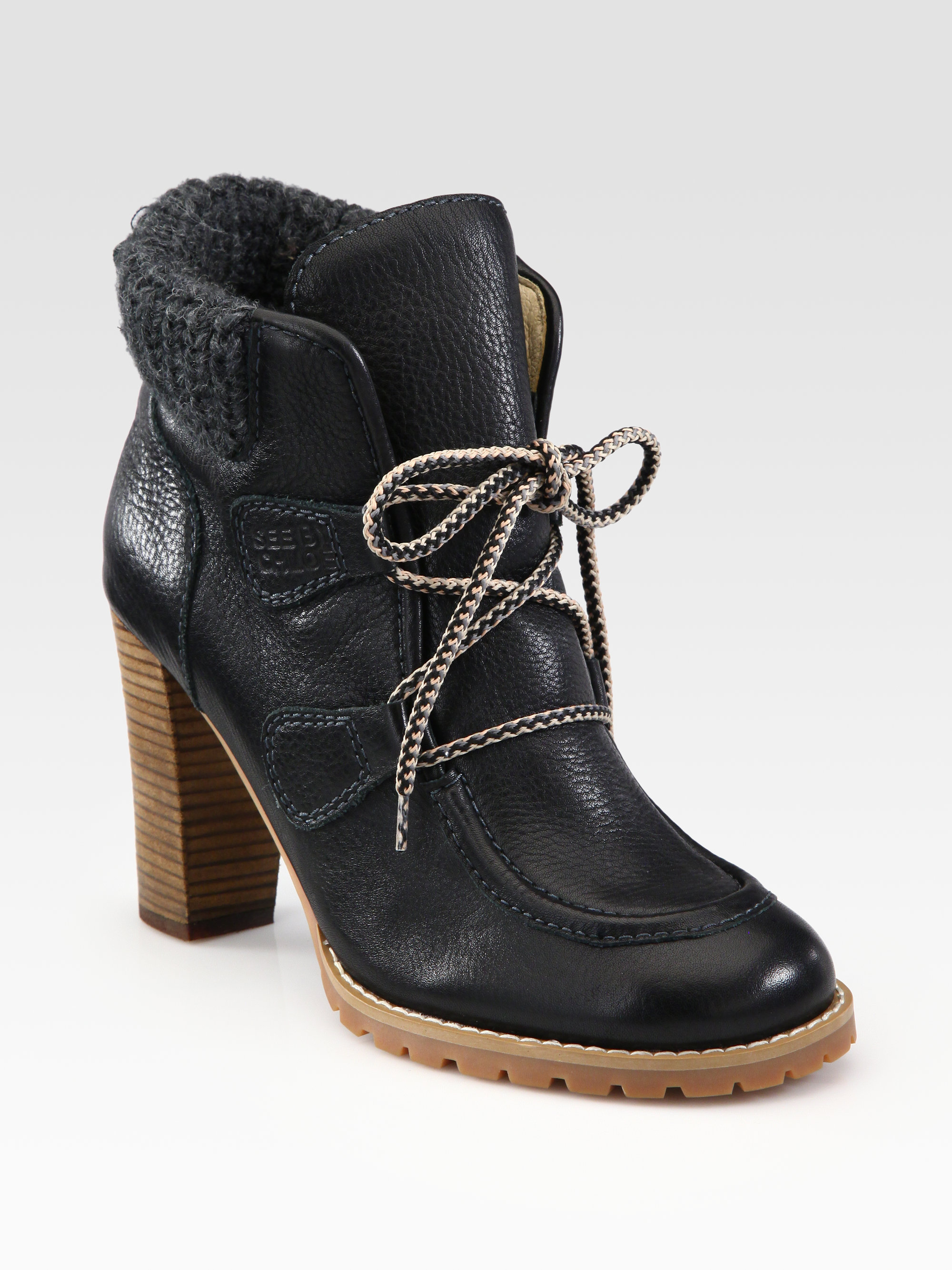 Lyst See By Chloé Leather and Wool Laceup Ankle Boots in Black