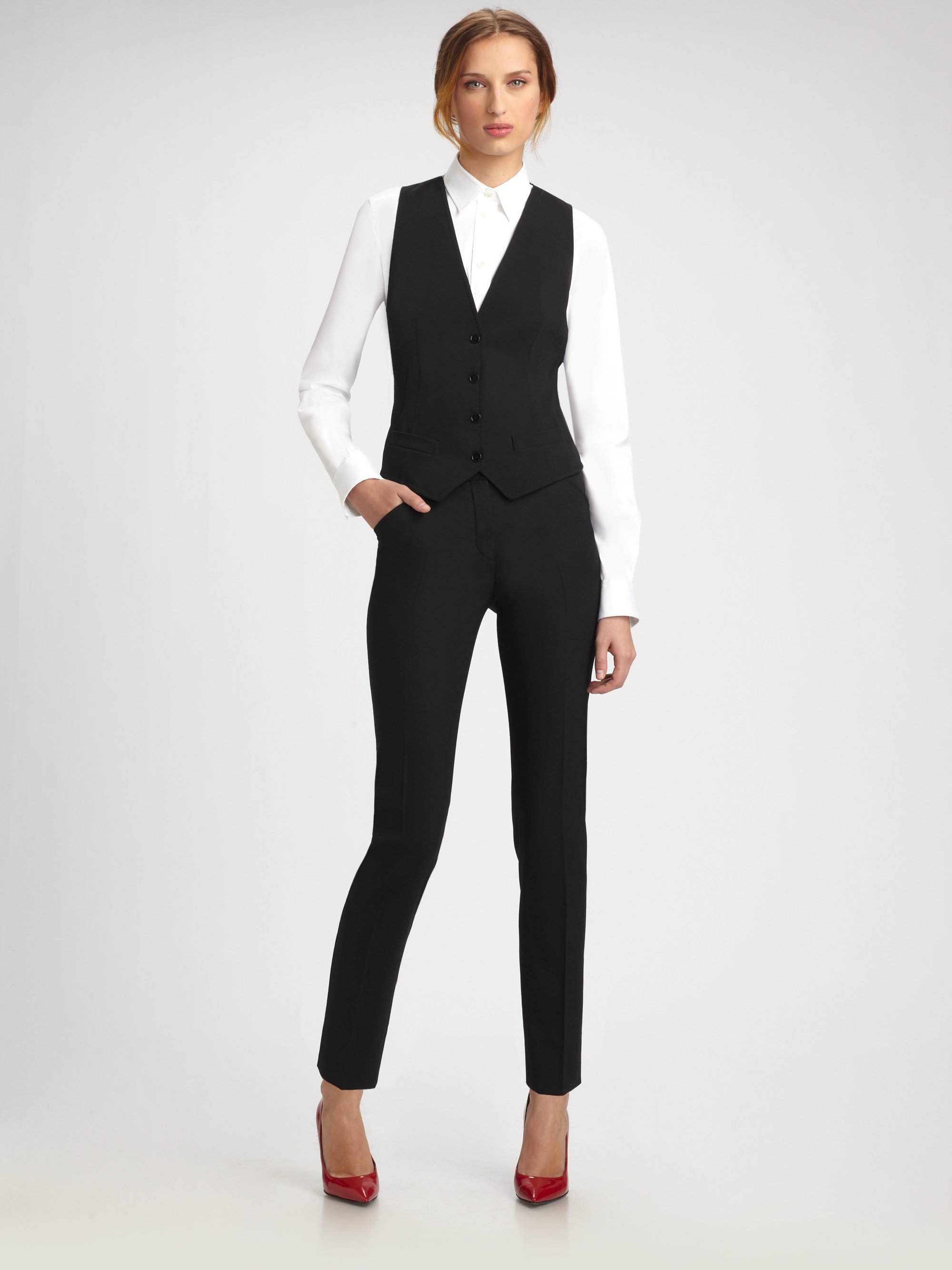 Dolce & Gabbana Stretch Wool Lace Back Vest in Black | Lyst
