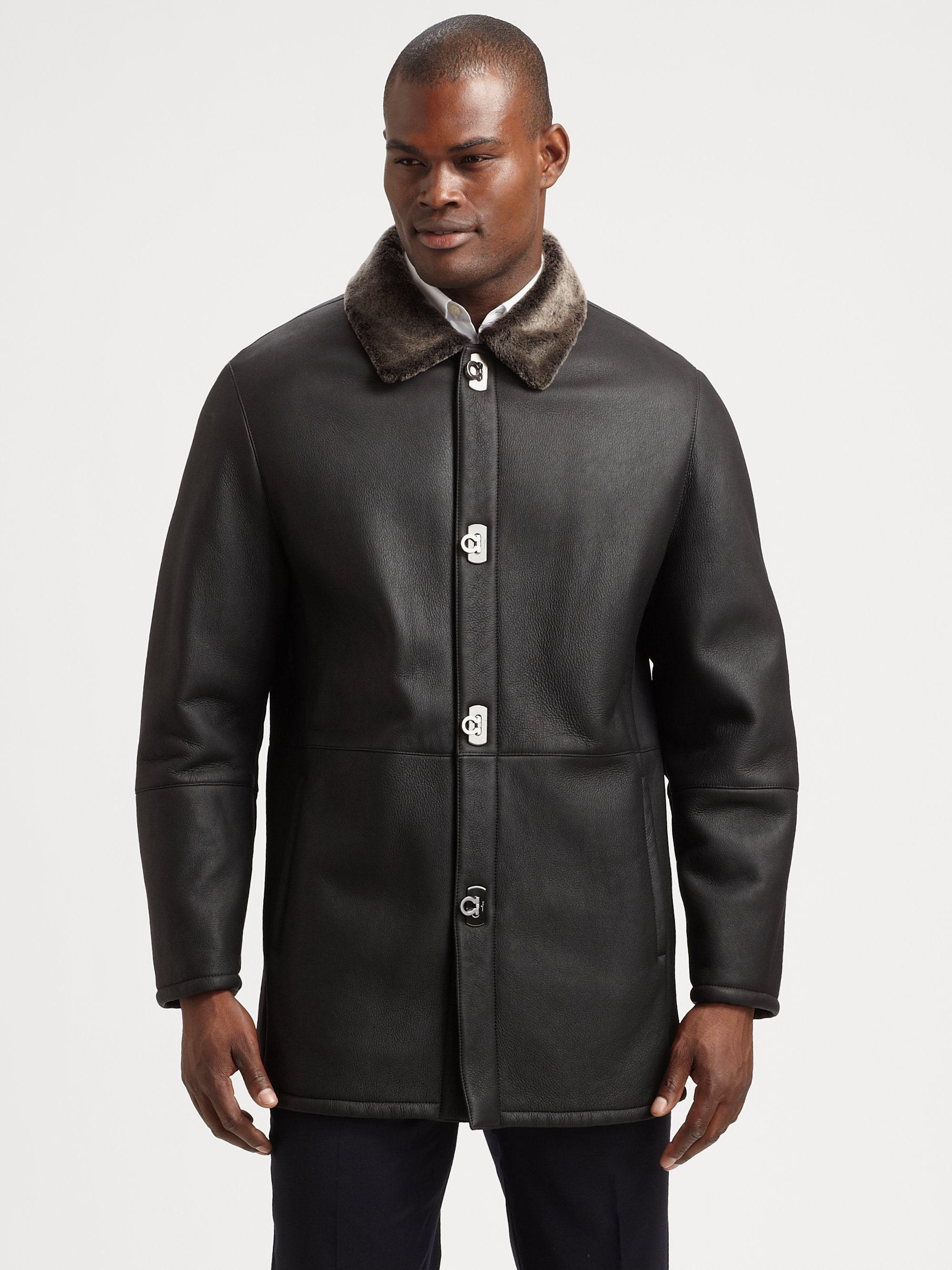 Ferragamo Shearling Trimmed Leather Coat in Black for Men - Lyst