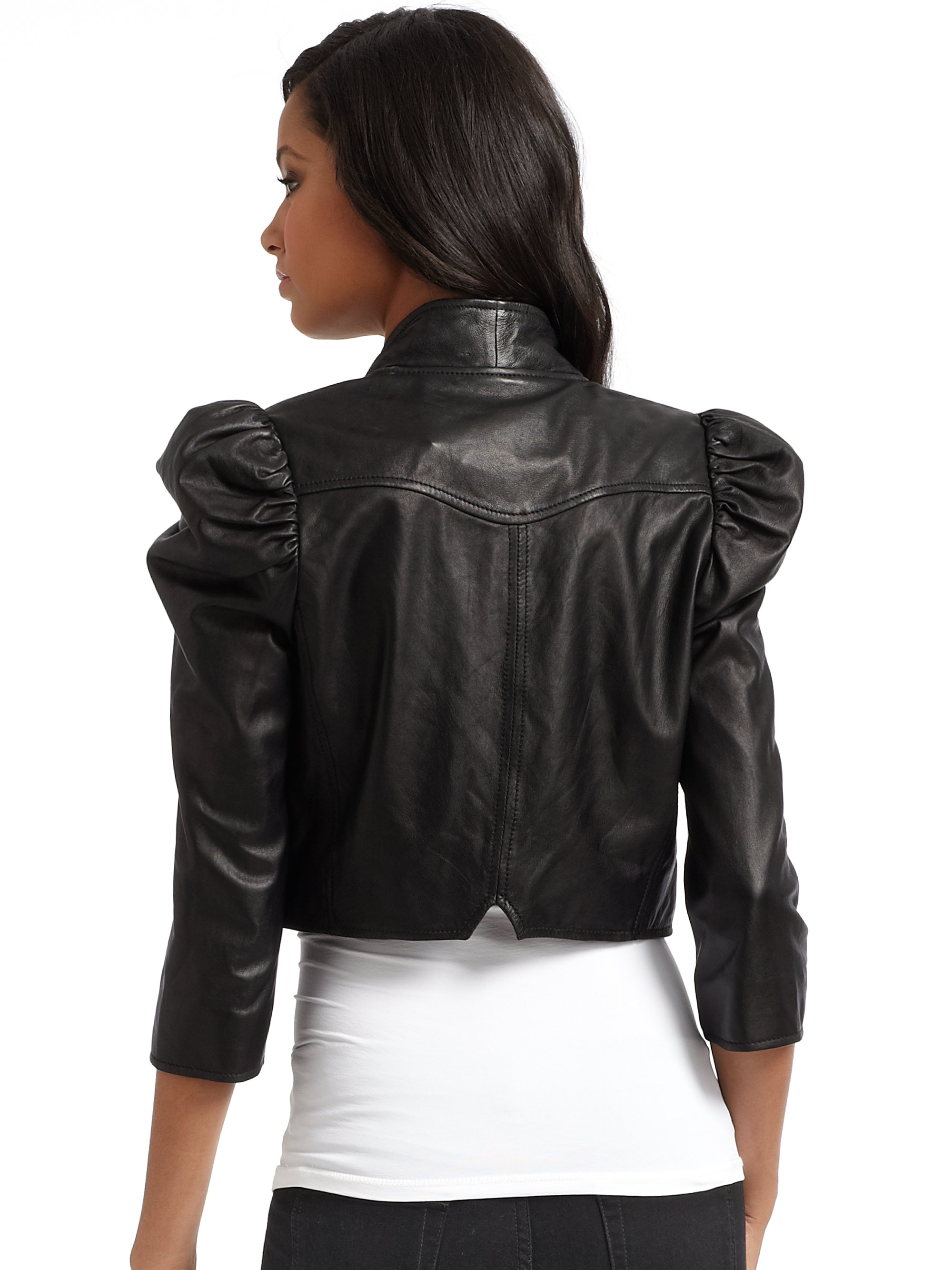 leather jacket with puff shoulders