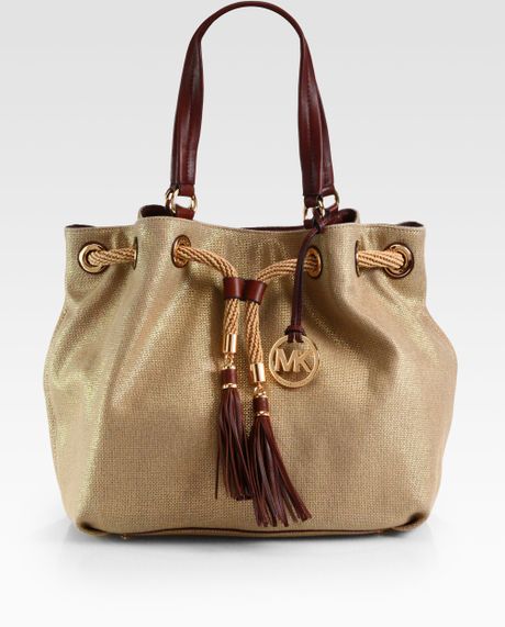 Michael Michael Kors Marina Metallic Canvas Drawstring Tote in Brown ...