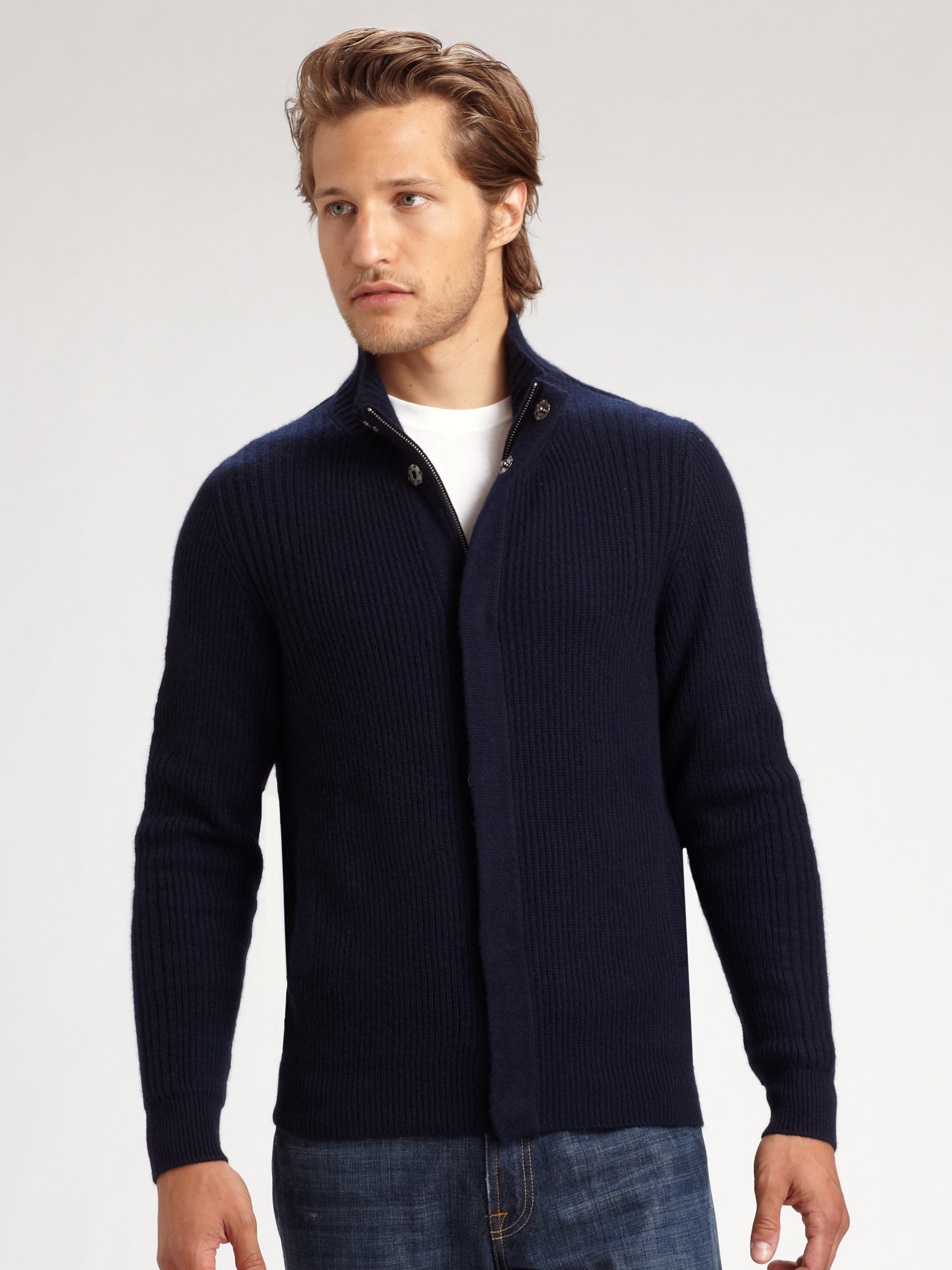 Saks Fifth Avenue Cashmere Bomber Sweater In Blue For Men Lyst