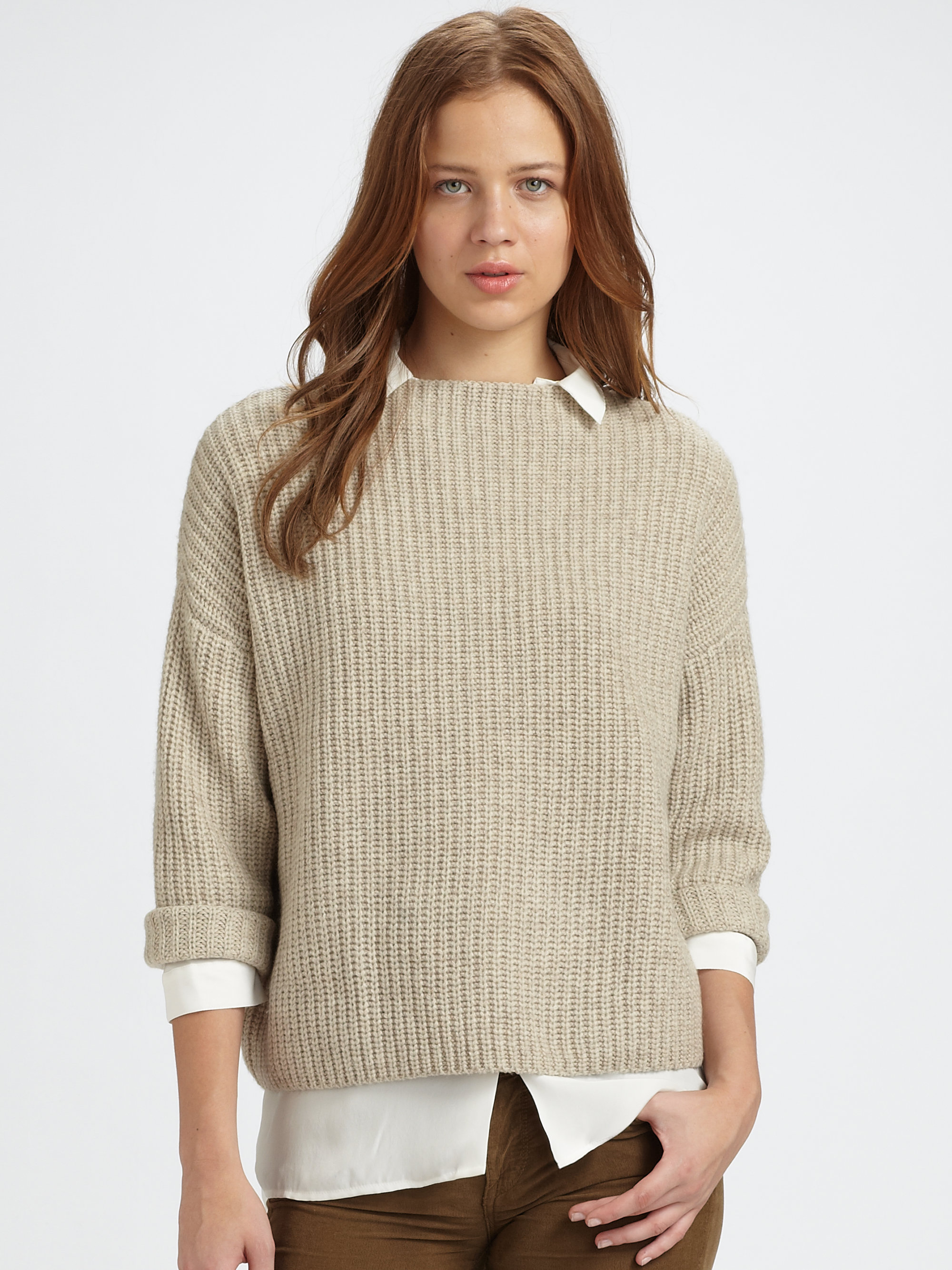 Vince Chunky Cropped Boatneck Sweater in Natural | Lyst