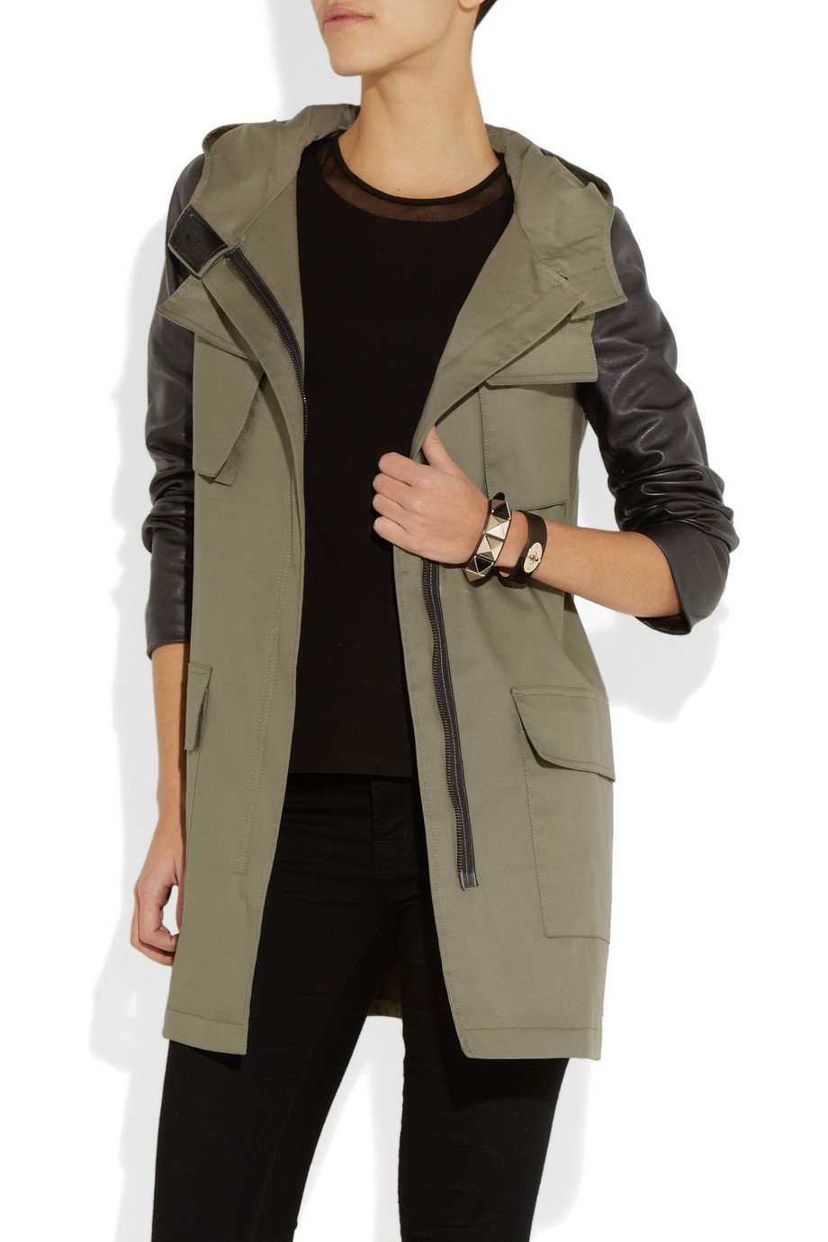 DKNY Leathersleeved Twill Parka in Army (Green) Lyst